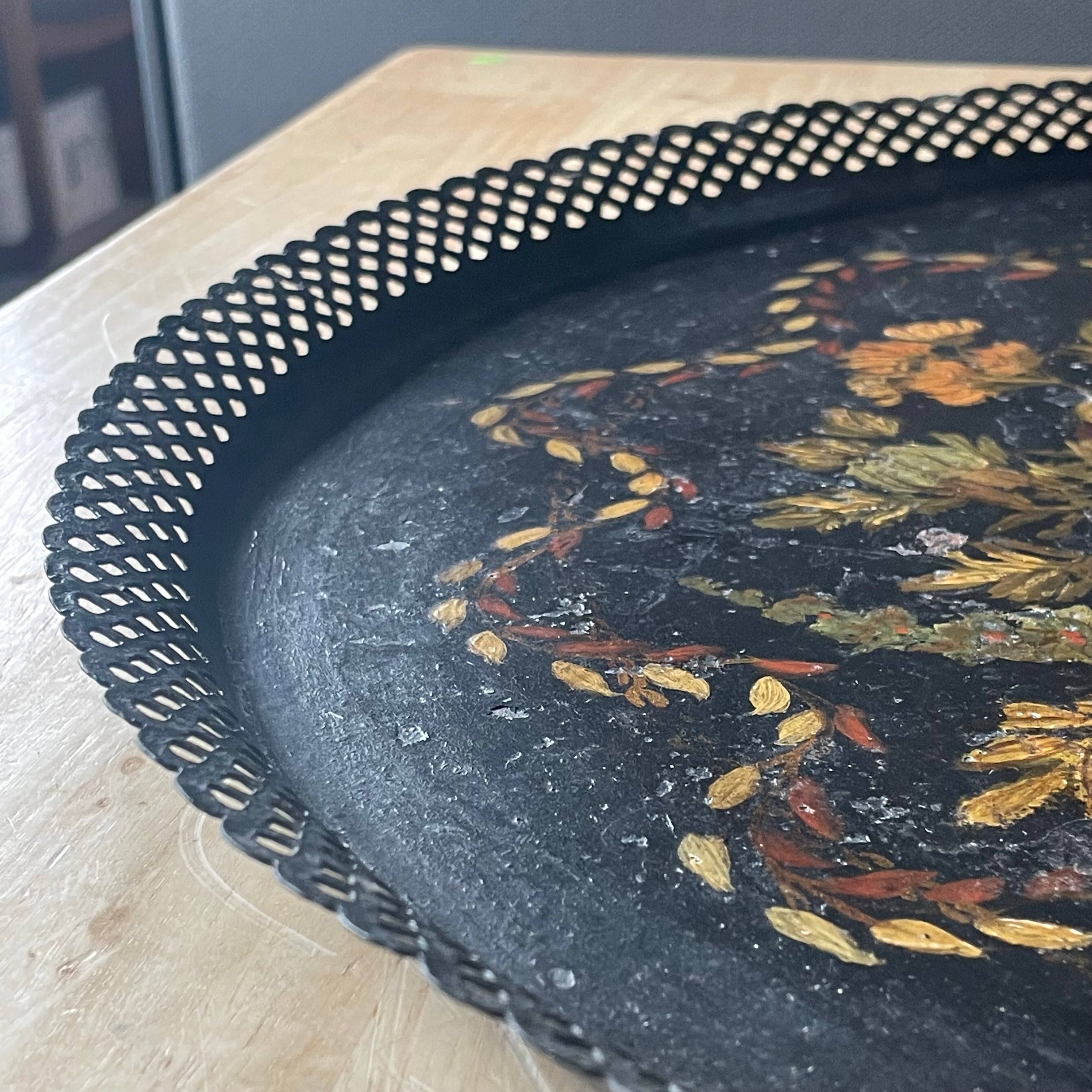 Antique Black Reticulated Edge Hand Painted Toleware Round Serving Tray, 17"x .75"