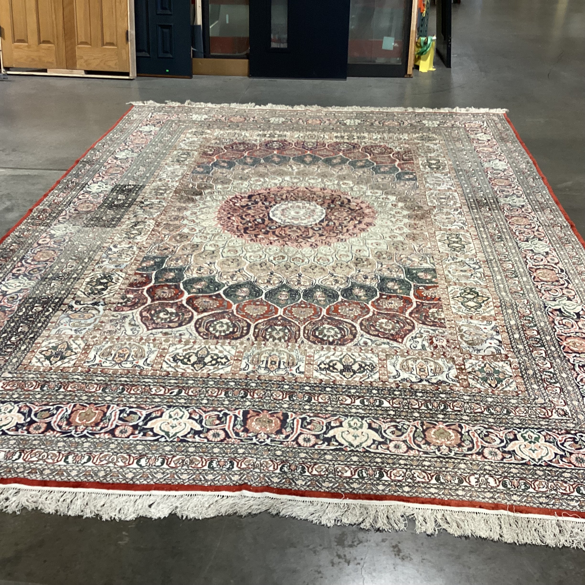 Ivory Rust Coral Blue Green Hand Woven Silk Rug 9'10"x 15.5"