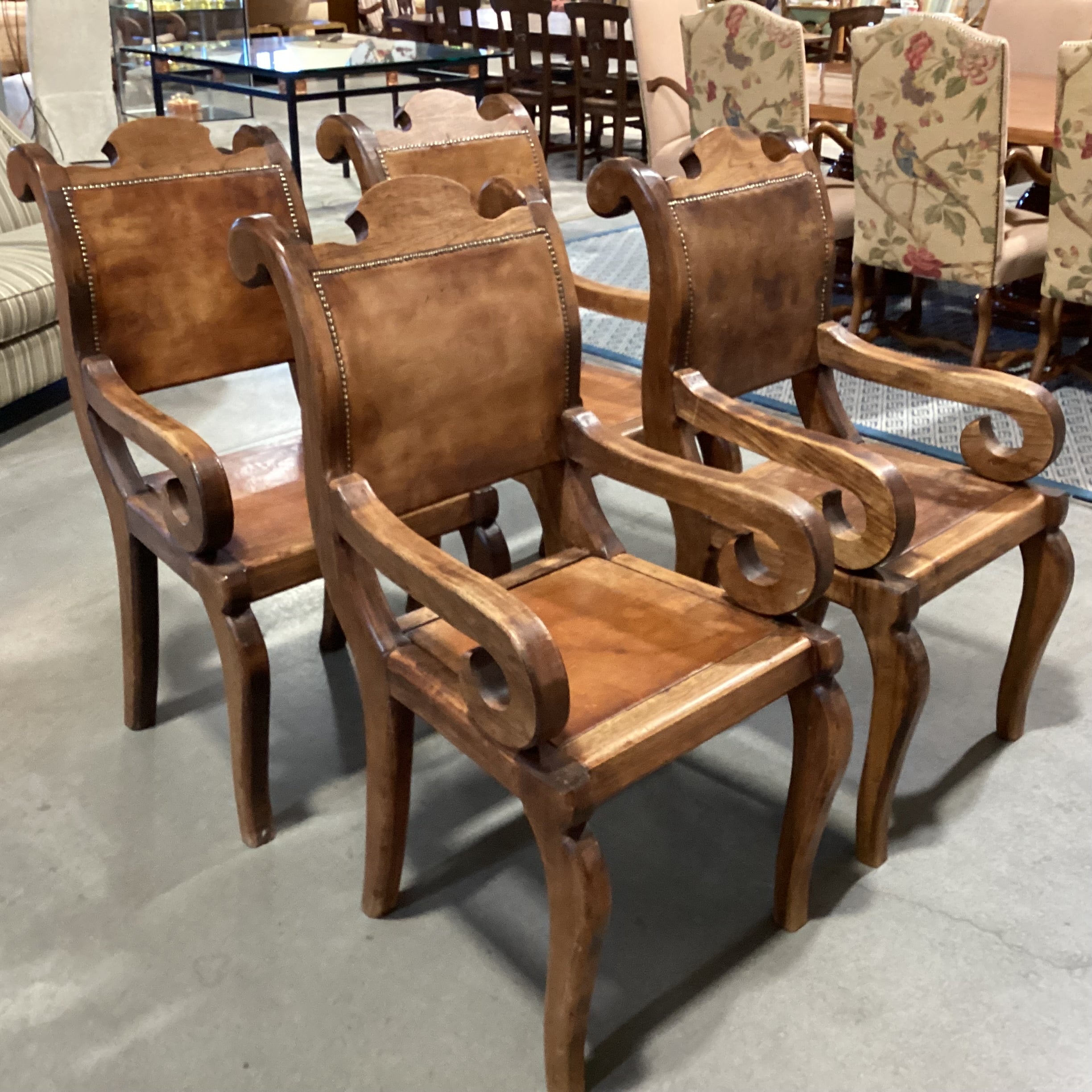 SET of 4 Rustic Distressed Carved Wood & Leather Nailhead Scroll Arm Dining Chairs 22"x 28"x 41"