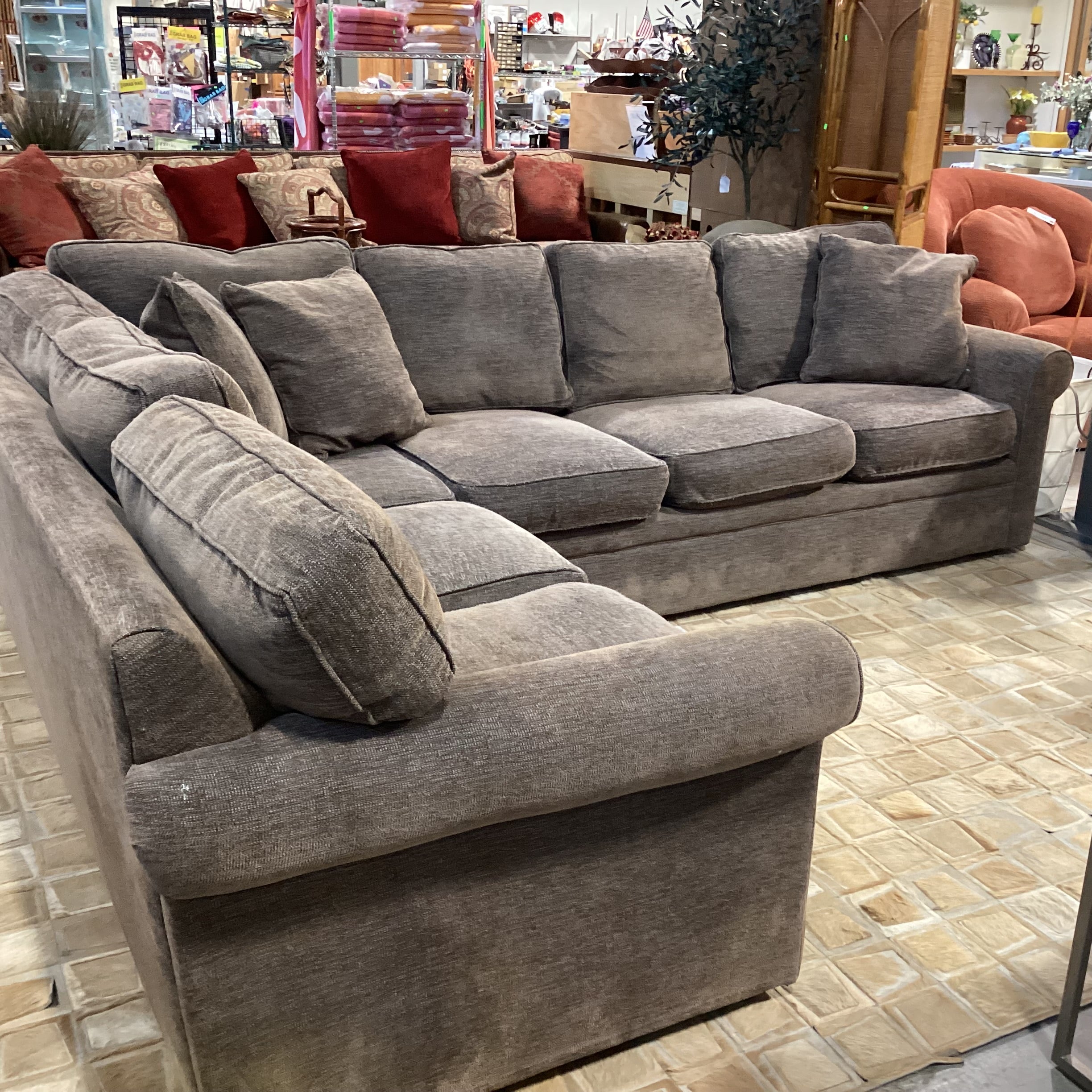 Rowe Furniture Taupe Grey Brown Woven Down Mix 2 Piece Sectional  118"x 92"x 42"x 32"