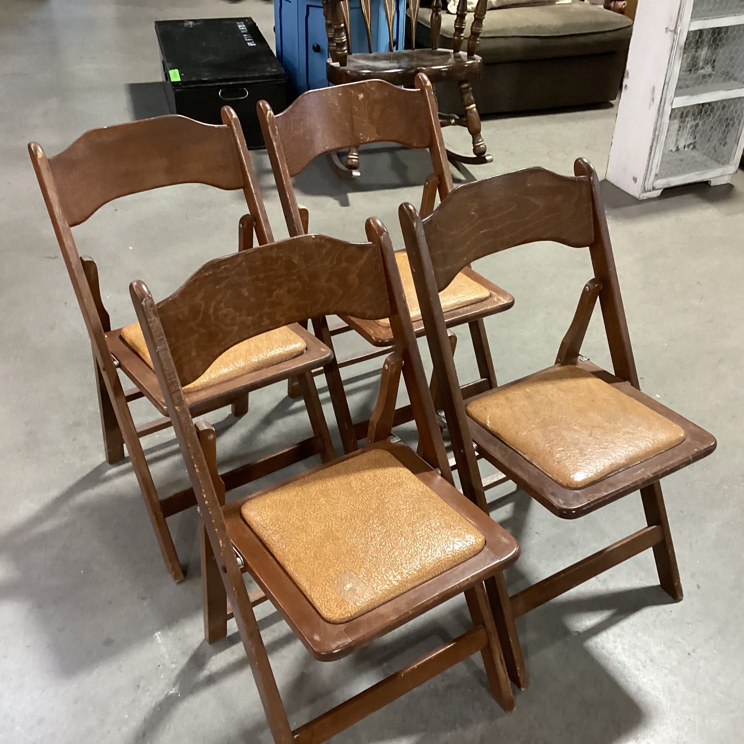 SET of 4 Vintage Wood with Faux Leather Seat Folding Dining Chairs 17"x 19"x 32"