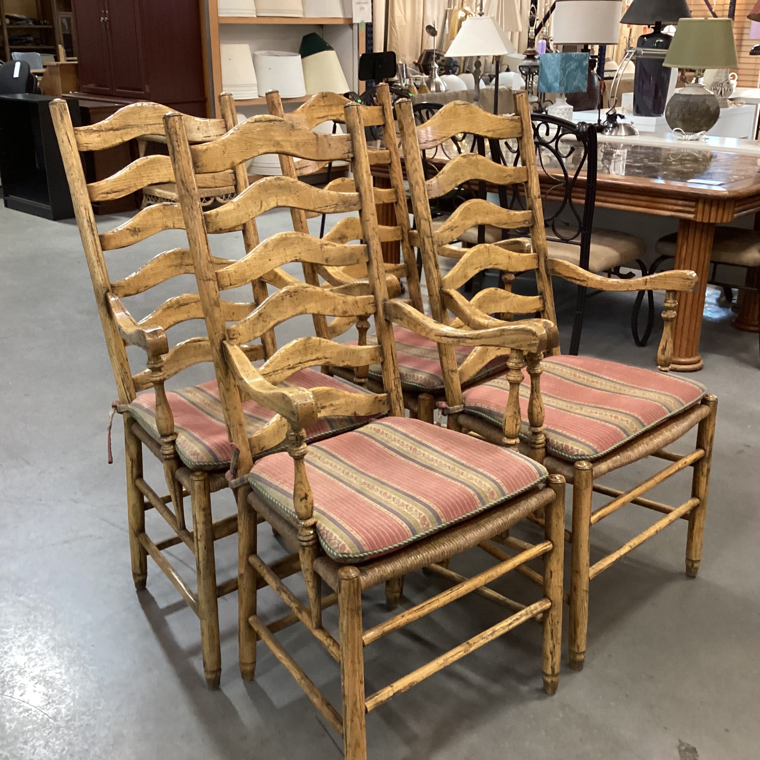 SET of 4 Vintage Light Antiqued Distressed Finish Ladder Back with Rush Seat Armed Dining Chairs 24"x 24"x 46"