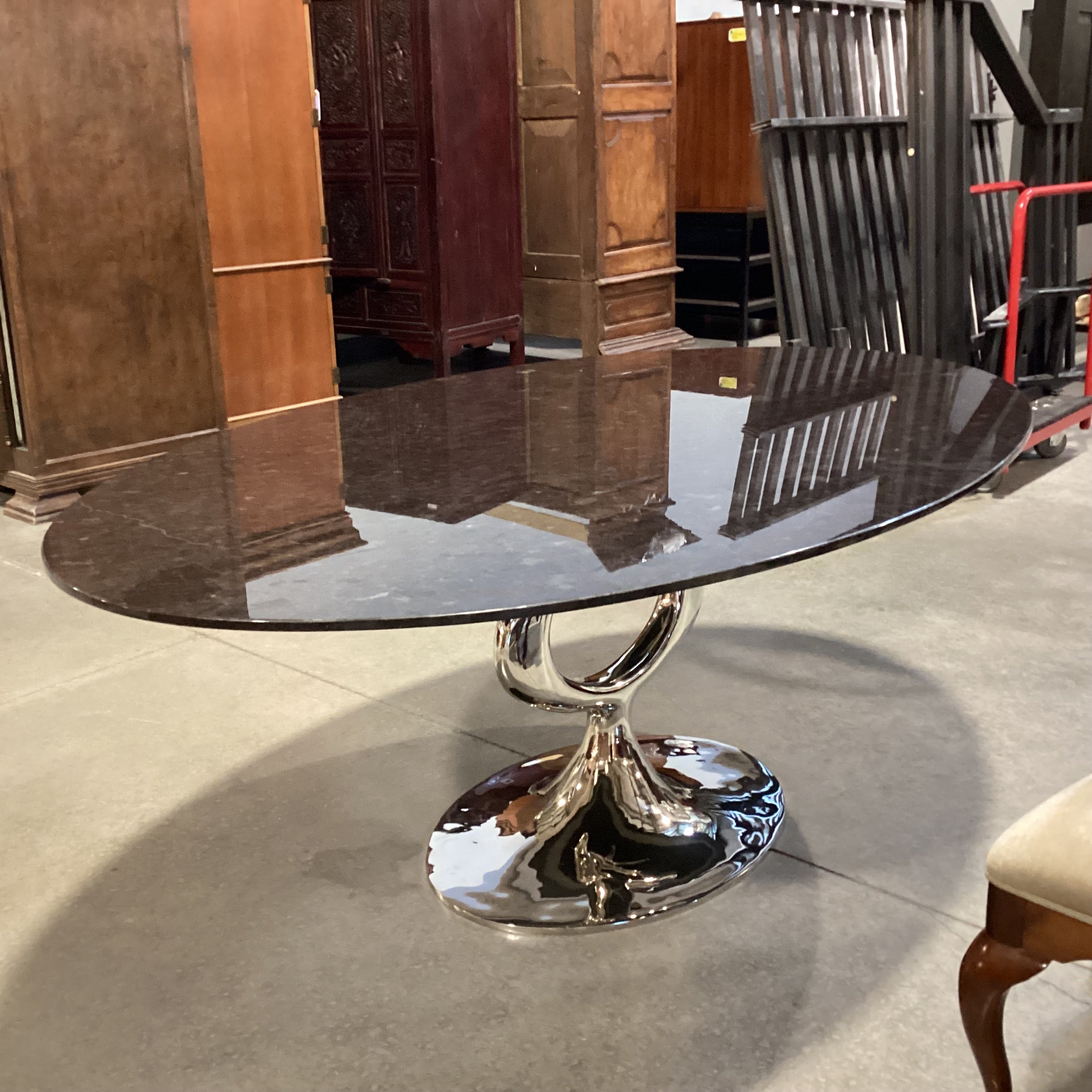 Blackman Cruz Oval Black Granite & Nickel Plate Pedestal Dining Table 78"x 48"x 30"