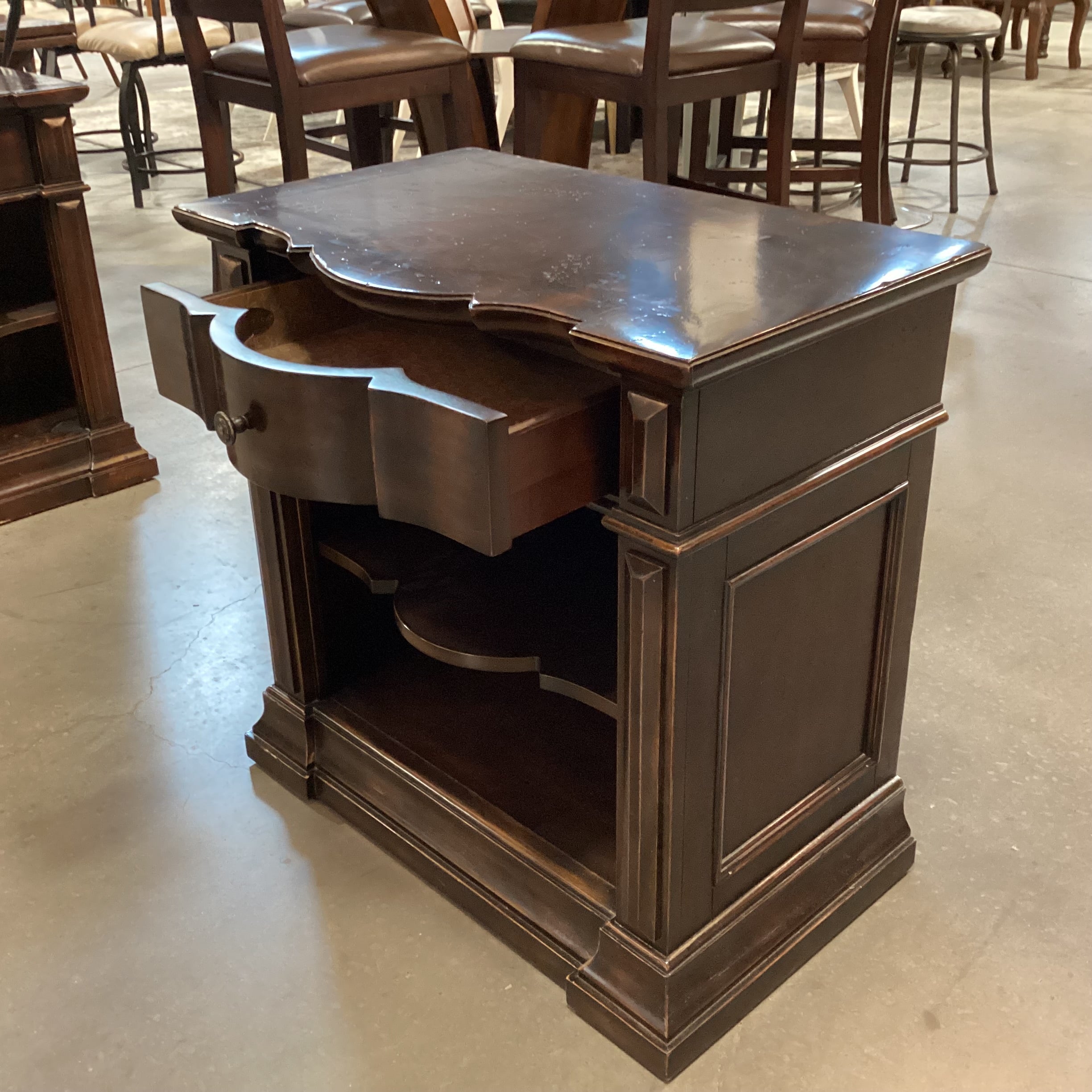 Artistica Dark Finish Serpentine Shape Carved Wood 1 Drawer with Shelves Nightstand 30"x 19"x 30"
