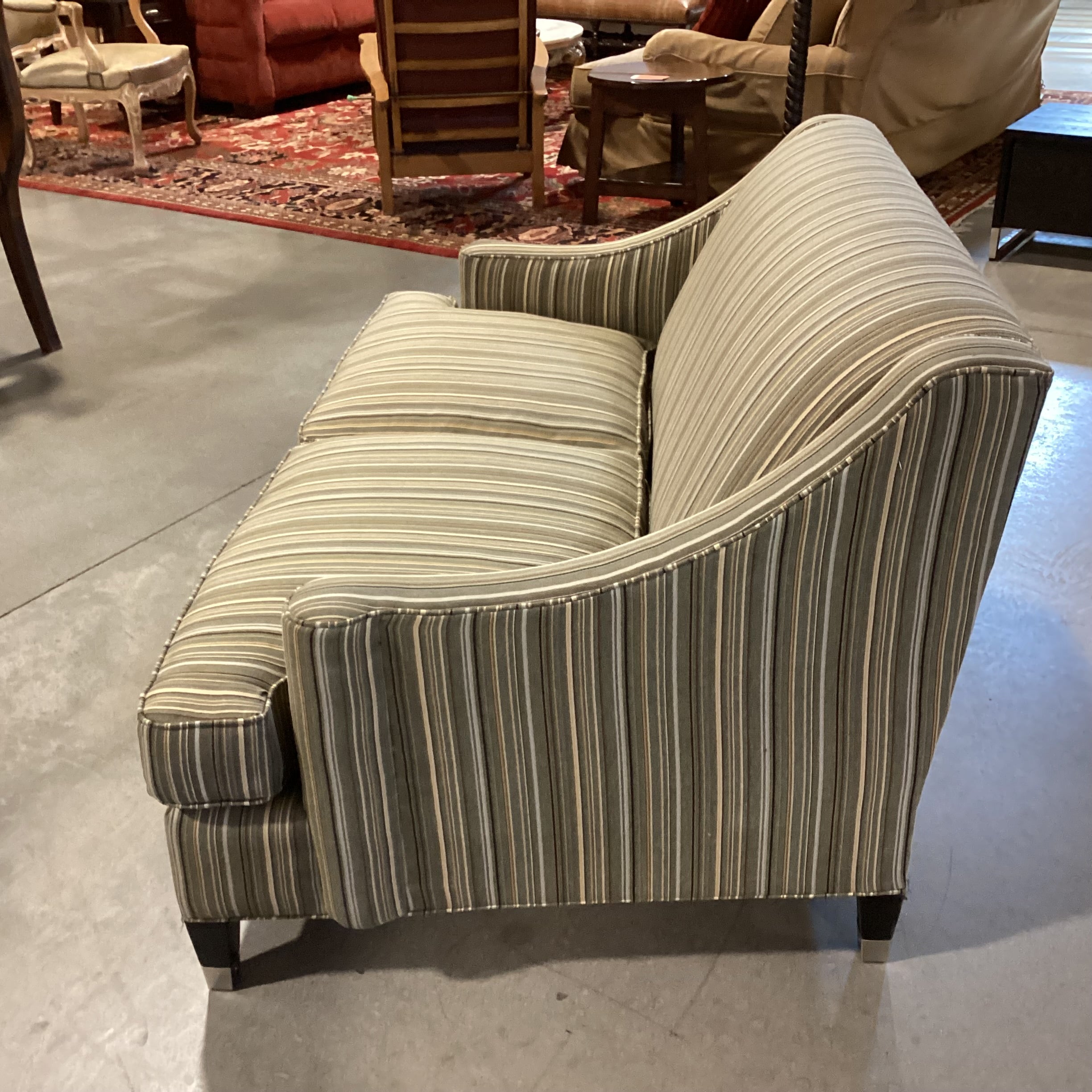 Room & Board Green Gold Brown Stripe with Slope Arm Loveseat Sofa 60"x 36"x 31"