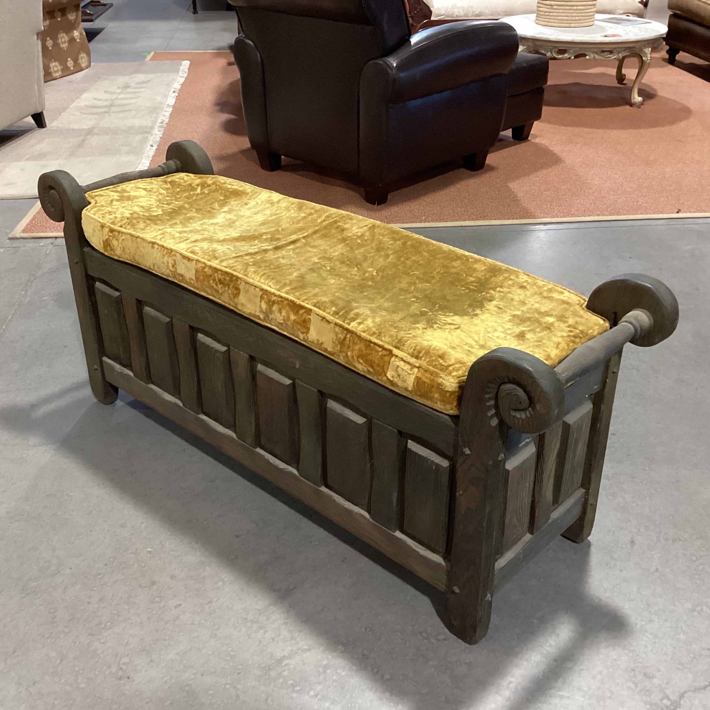 Vintage Green Washed Carved Oak & Gold Crushed Velvet Cushion Storage Bench 56"x 16.5"x 24"