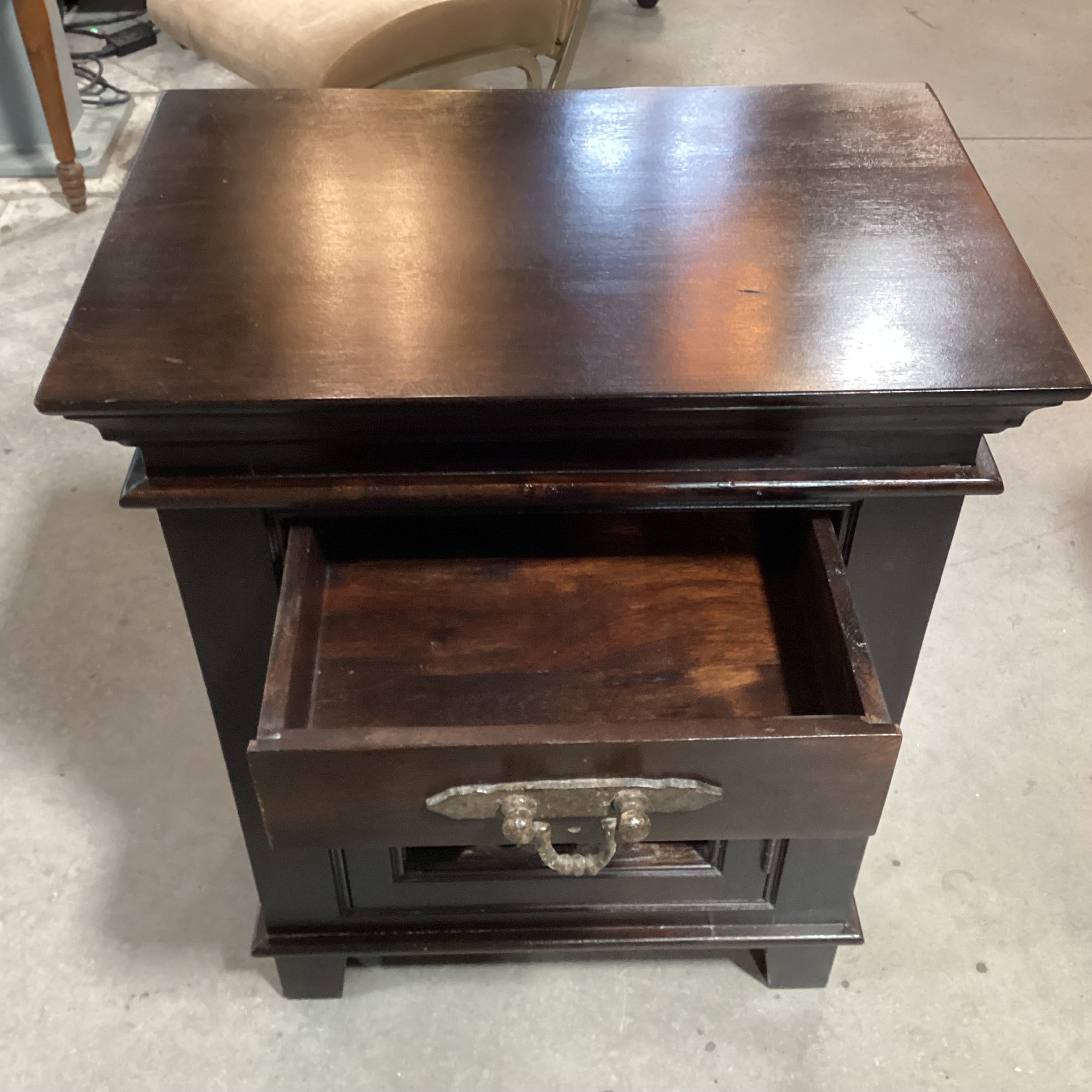Dark Finish Solid Fruitwood & Iron Detail 1 Door 1 Drawer Nightstand 24"x 16"x 30"