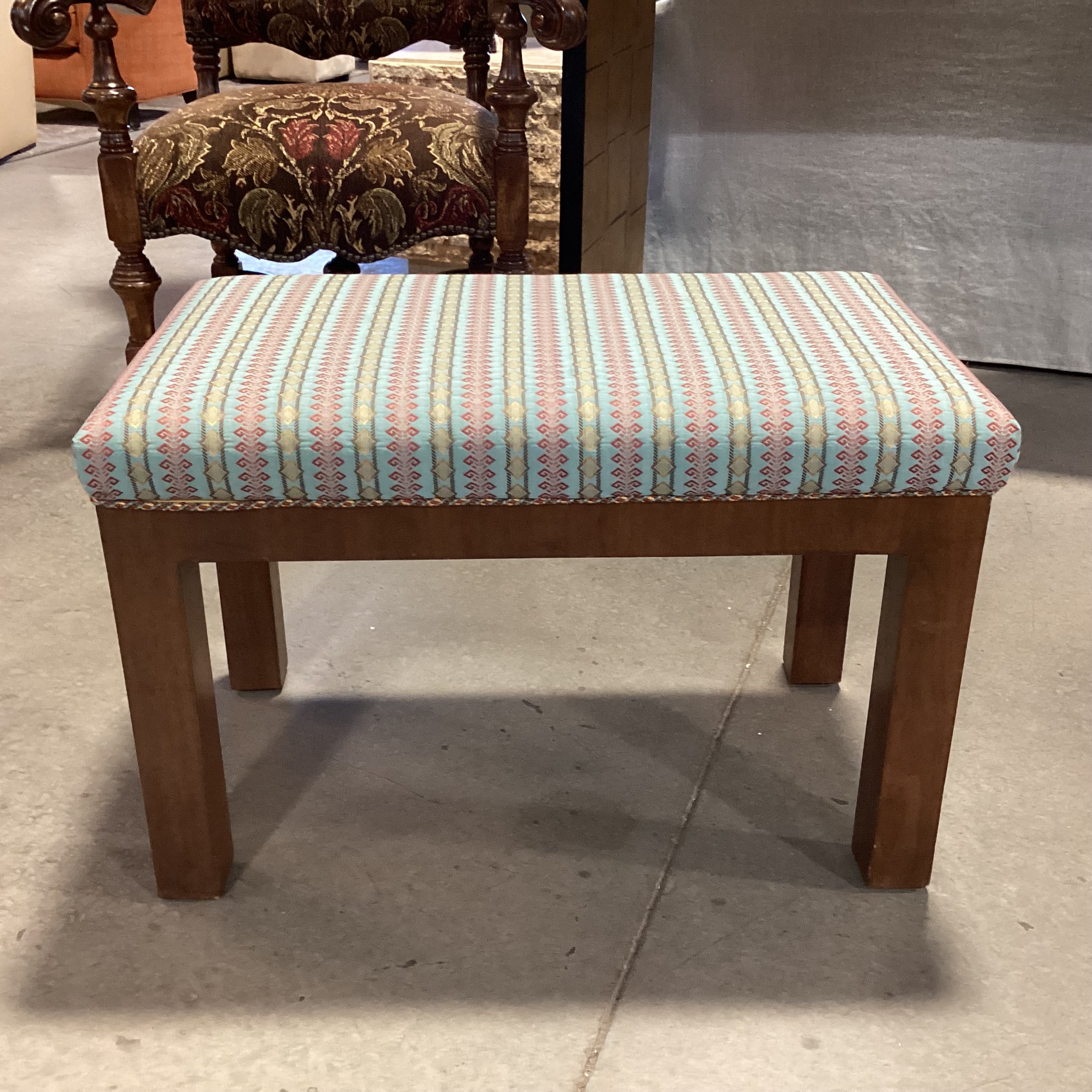 Blue Red & Gold Ribbon Style Fabric & Wood Bench 29.5"x 17.5"x 19.5"