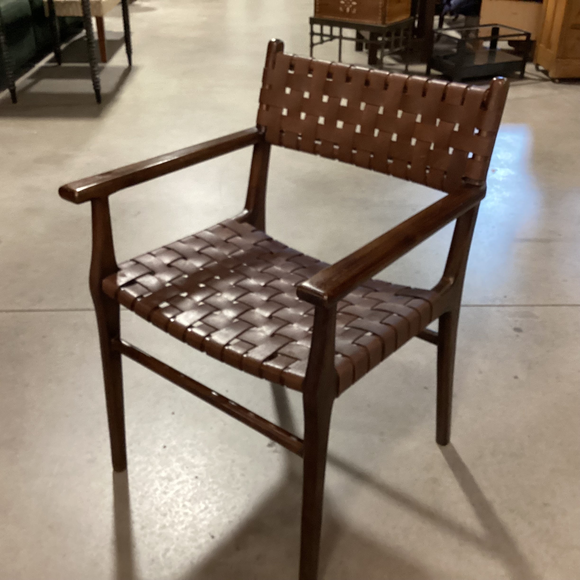 Mid Century Style Dark Finish Wood & Leather Basket Weave Chair 24"x 24"x 34"