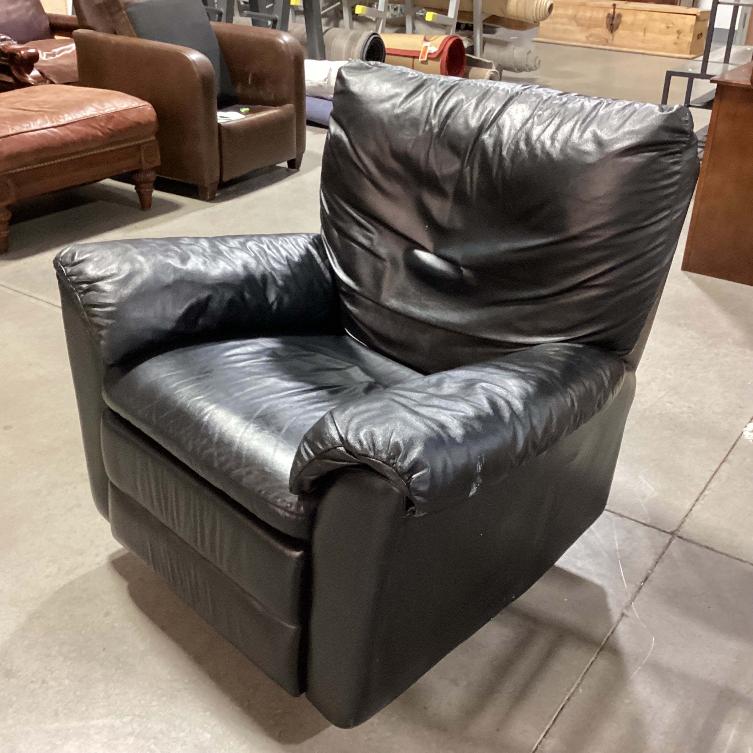 Vintage Italian Black Leather Swivel Rock Recliner Chair 39"x 34"x 67"x 37"