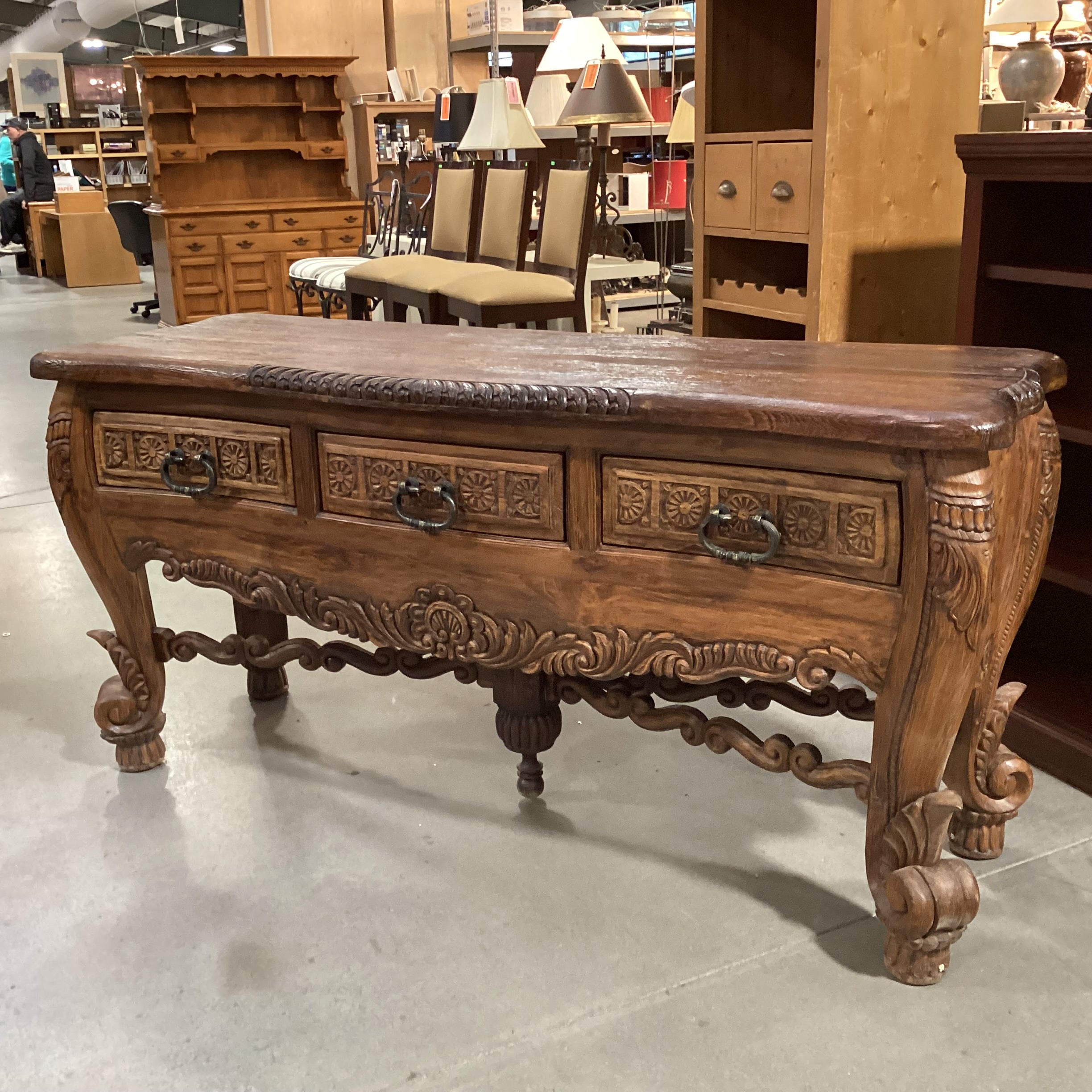 Rustic Western Hand Carved Solid Wood with Ornate Trestle 3 Drawer Accent Table 72"x 24"x 35.5"