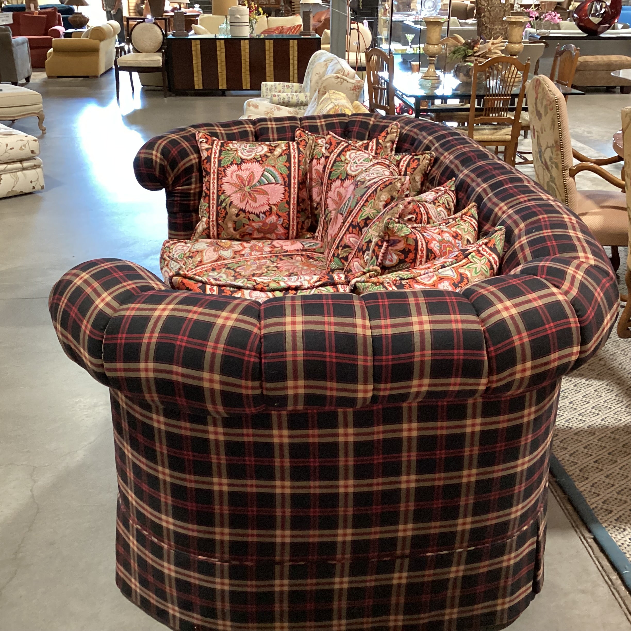 Custom Black Red Tan Plaid Button Tufted with Pink Ornate Floral Cushion & Pillows Down Mix Sofa 100"x 58"x 40"