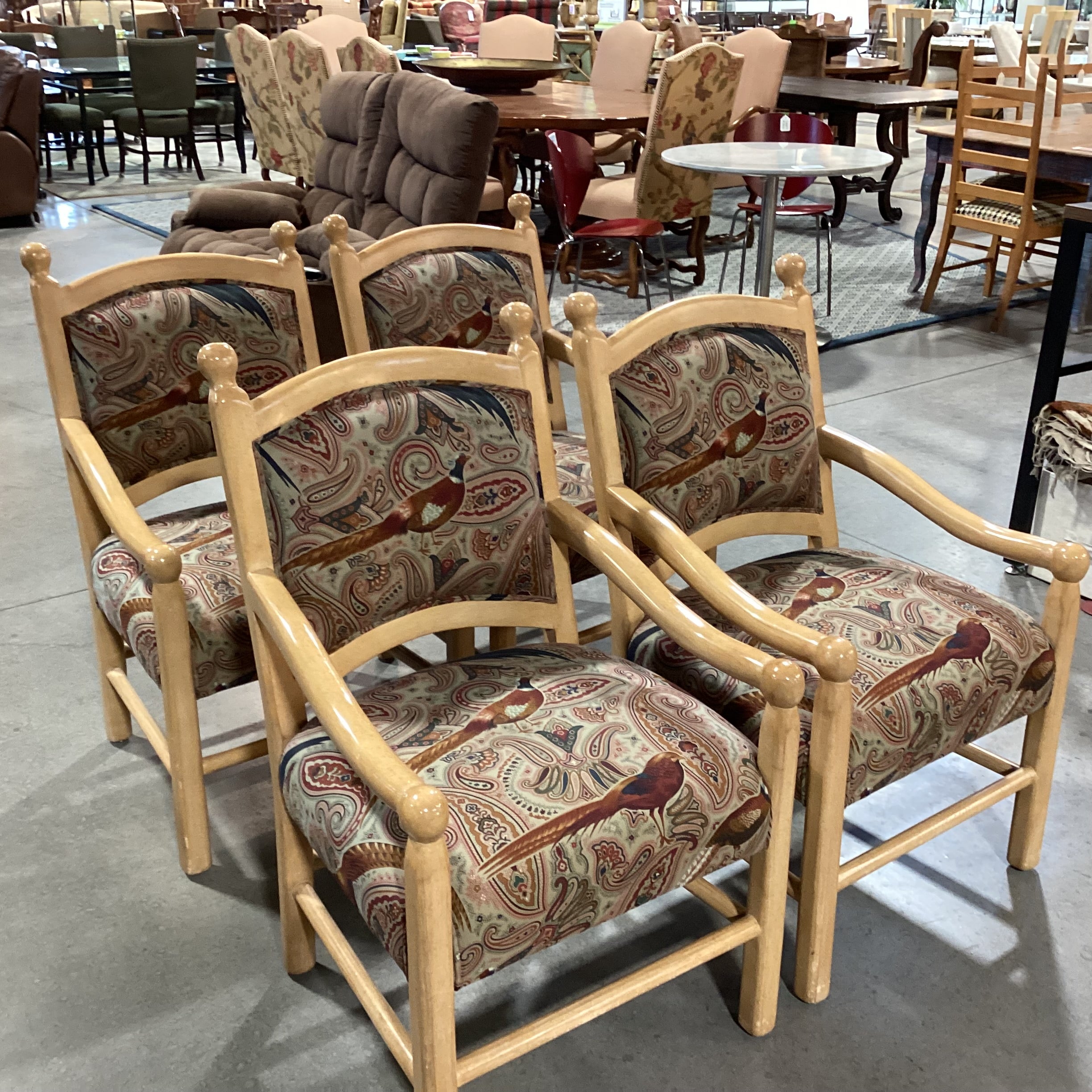 SET of 4 Beverly Interiors Custom Carved Wood & Rust Teal Pheasant Upholstered Armed Dining Chairs 24"x 25"x 39"