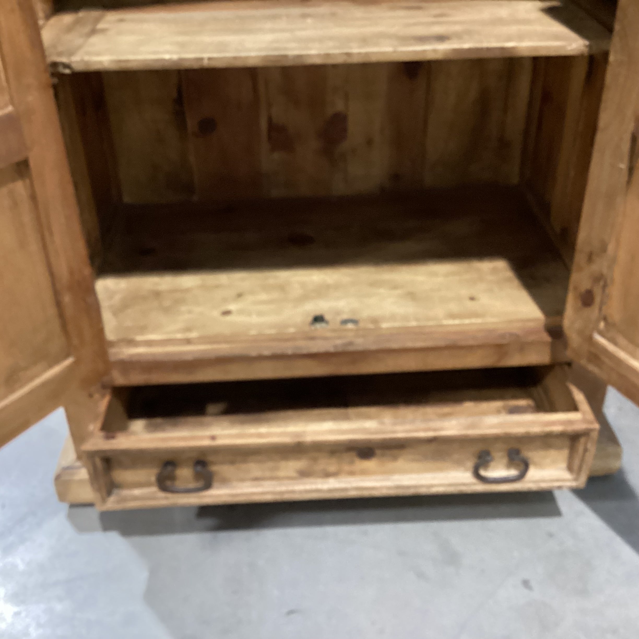Rustic Pine with Carved Panel Detail 2 Door with Bottom Drawer Armoire 43"x 26.5"x 72"