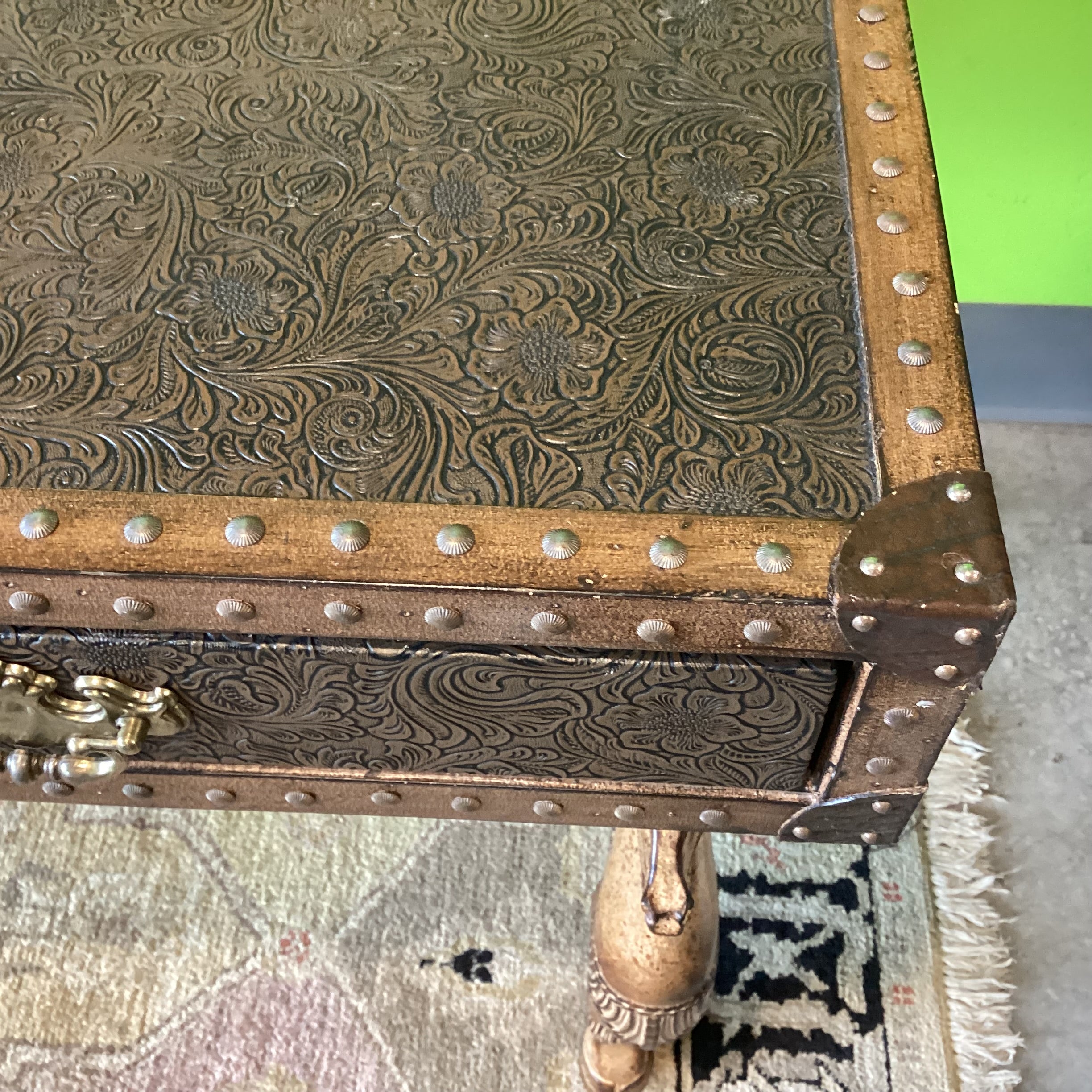 Maitland Smith Carved Horse Iron & Embossed Leather Nailhead 3 Drawer Desk 57.5"x 30.5"x 32"