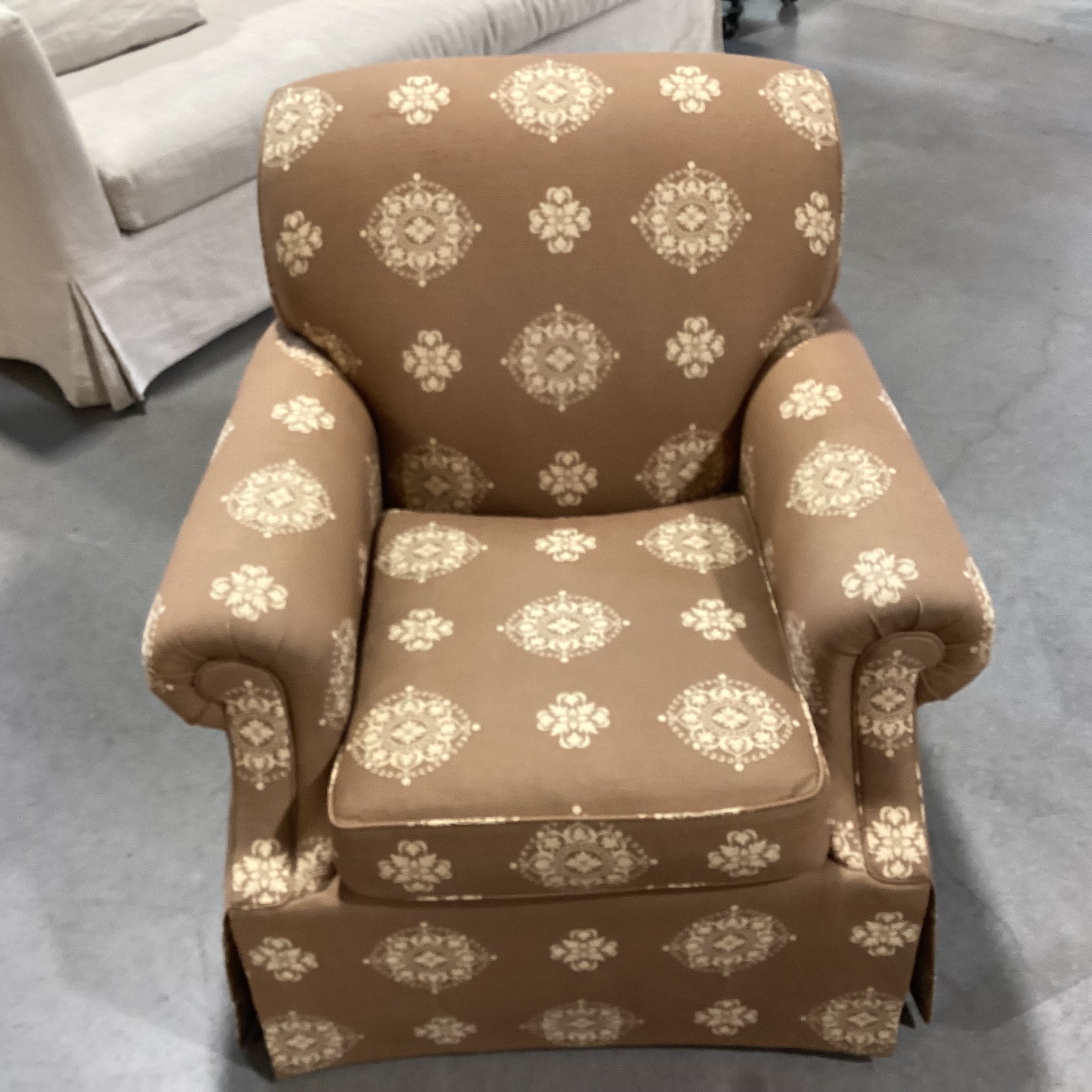 Kravet Furniture Custom Brown with Gold Floral Medallion Swivel Chair 36"x 36"x 36"