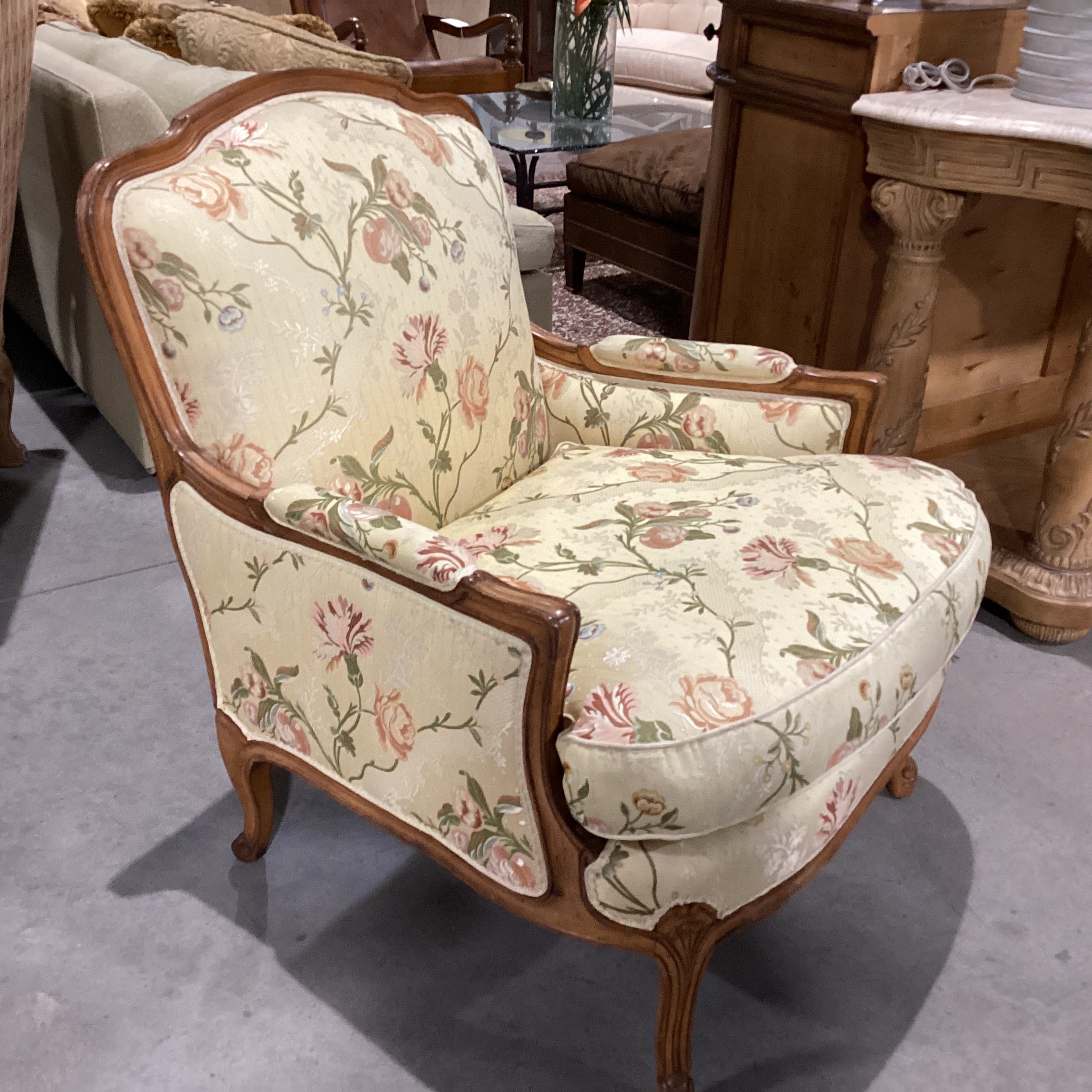 French Provincial Style Carved Wood with Yellow Floral Upholstery Chair 33"x 34"x 37.5"