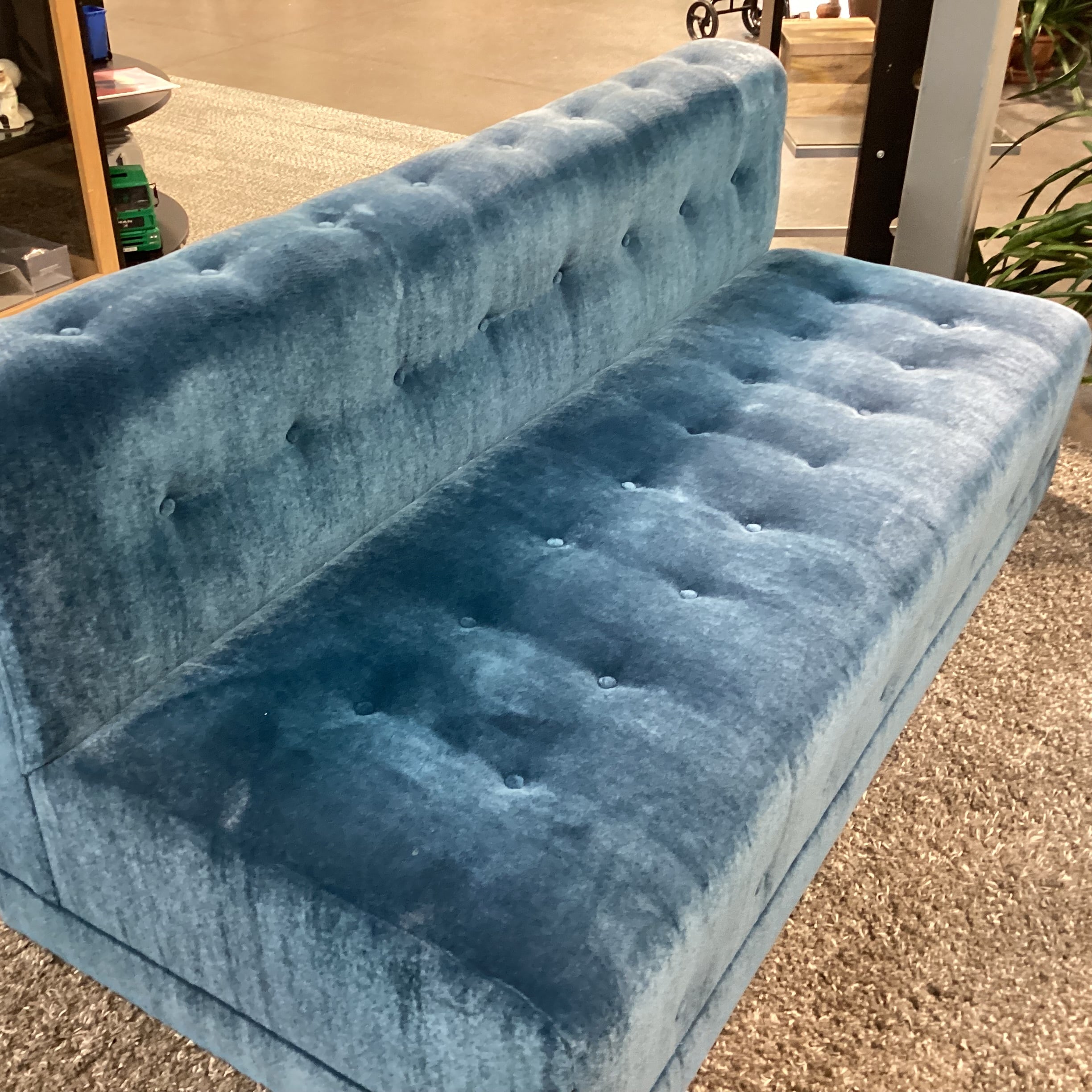 Custom Blue Teal Mohair with Button Tufting Armless Sofa 75"x 35"x 32"