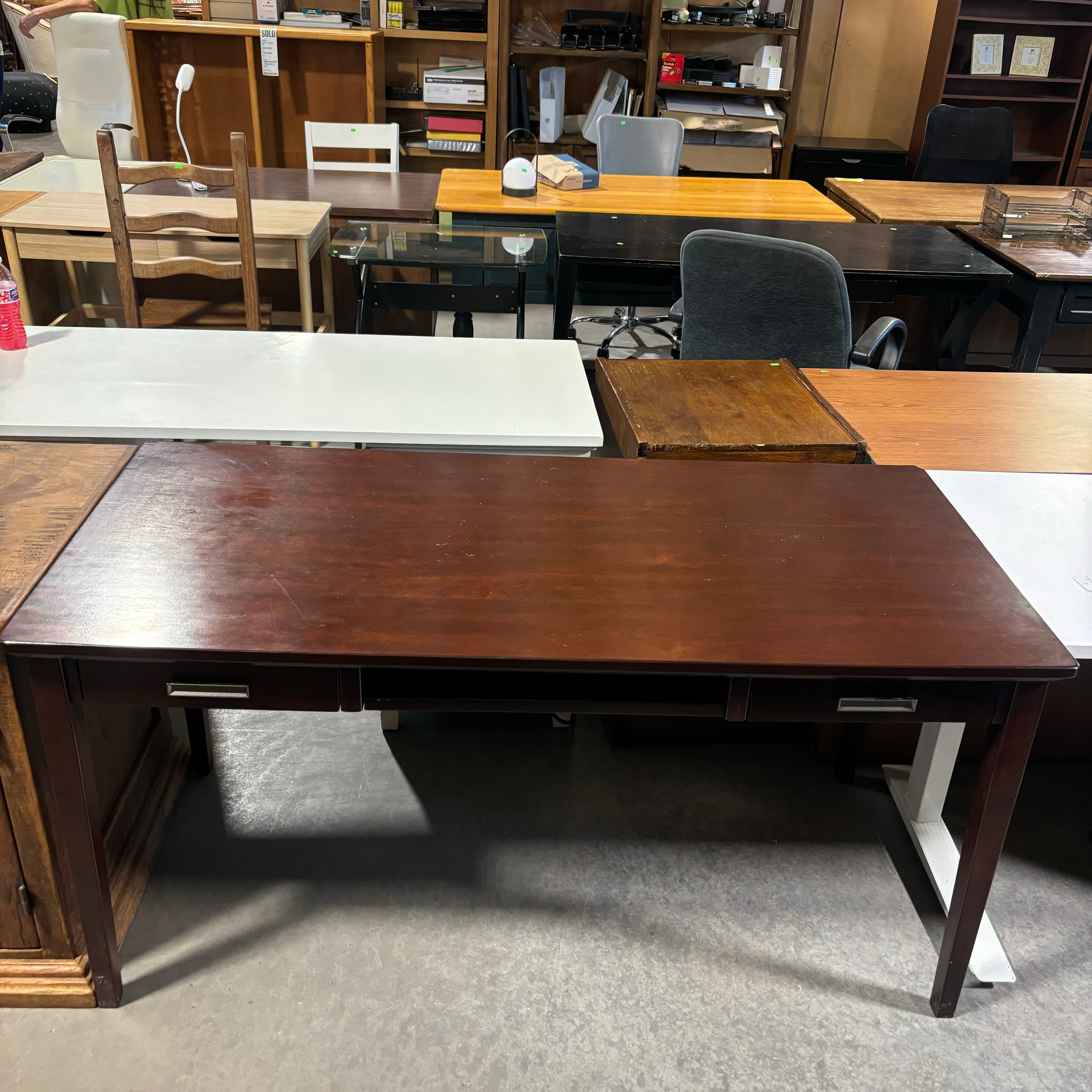 Cherry Finish Wood & Veneer with 2 Drawers & Center Pullout Desk 60"x 28"x 30"