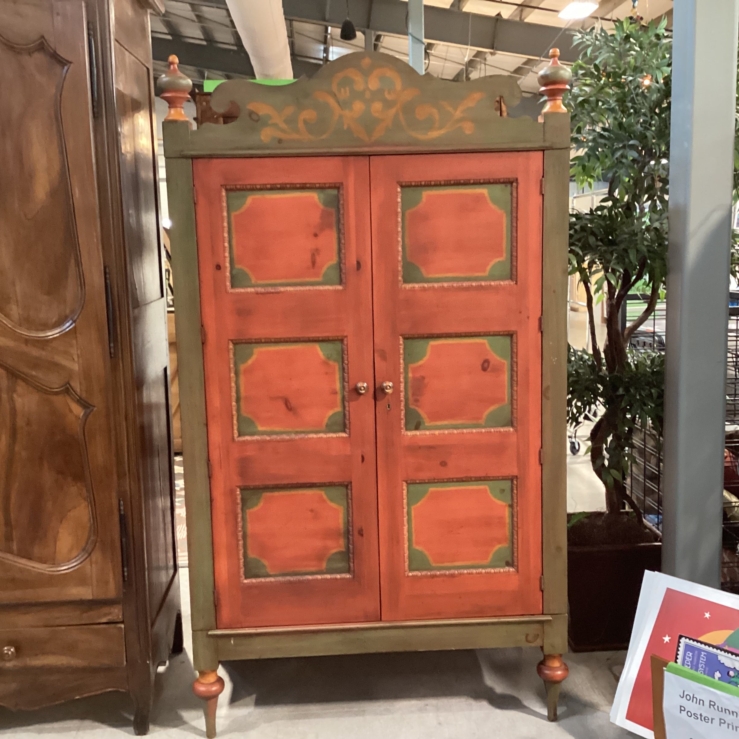 Custom Carved Wood Antiqued Red & Green Handpainted 2 Door Wardrobe Armoire 46"x 24"x 82"