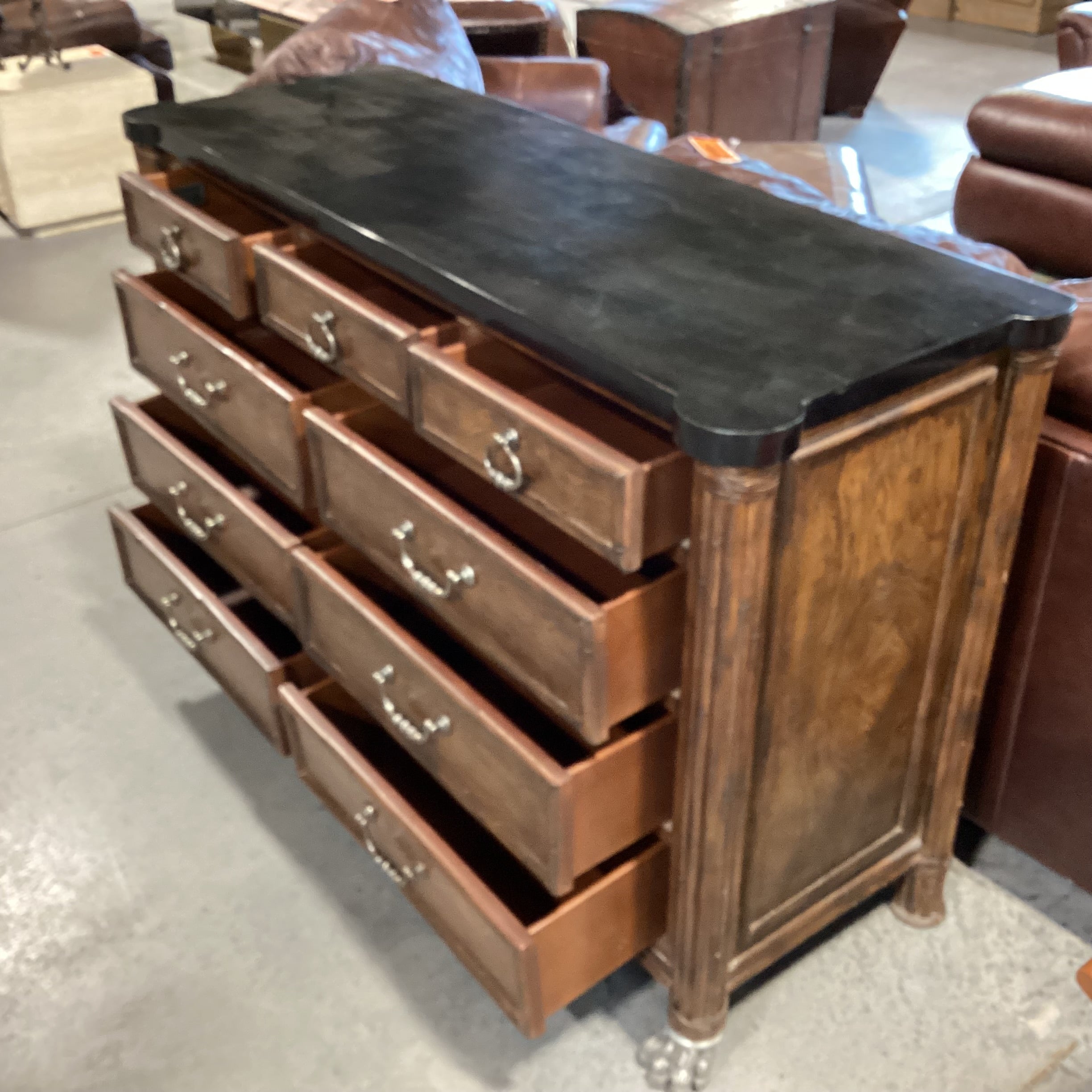 Thomasville Ernest Hemingway Collection Dark Finished Wood Black Faux Stone & Clawfoot Feet 9 Drawer Dresser 60"x 22"x 40"
