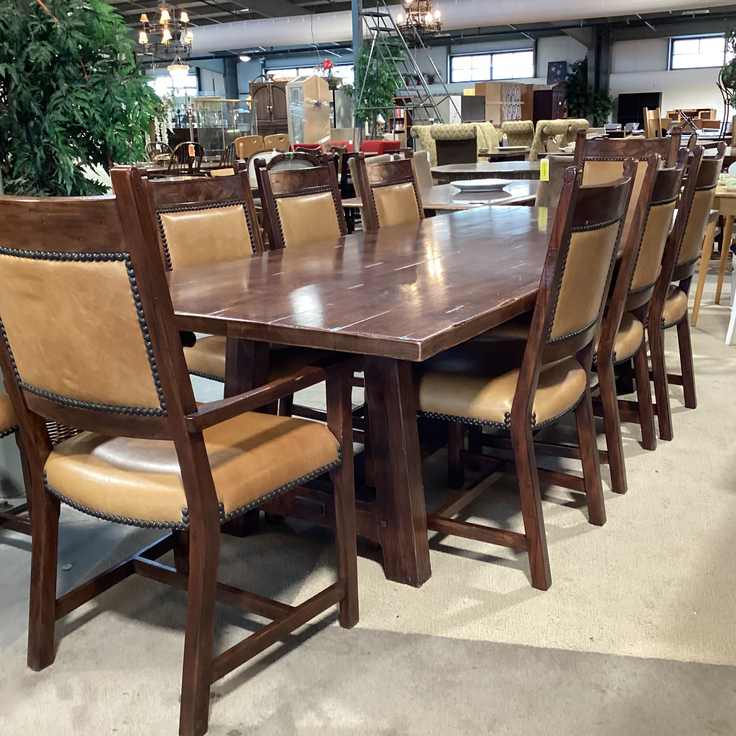 Theodore Alexander Rustic Distressed Trestle Table & 10 Leather Nailhead Carved Wood Chairs Dining Set 108"x 44"x 31"