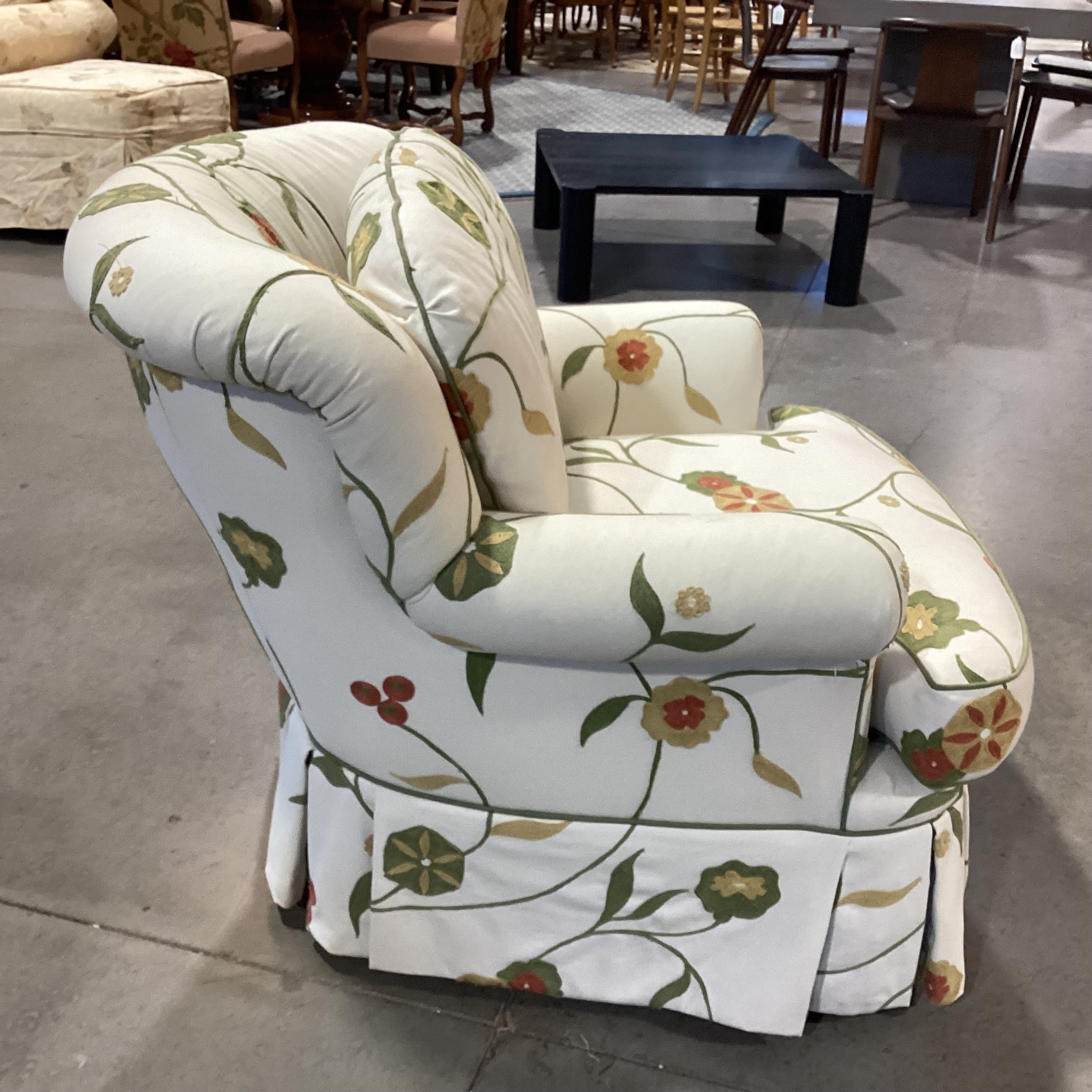 Dindy Foster Interiors Custom Cream with Embroidered Applique Green Gold Rust Floral Chair 35"x 40"x 32"