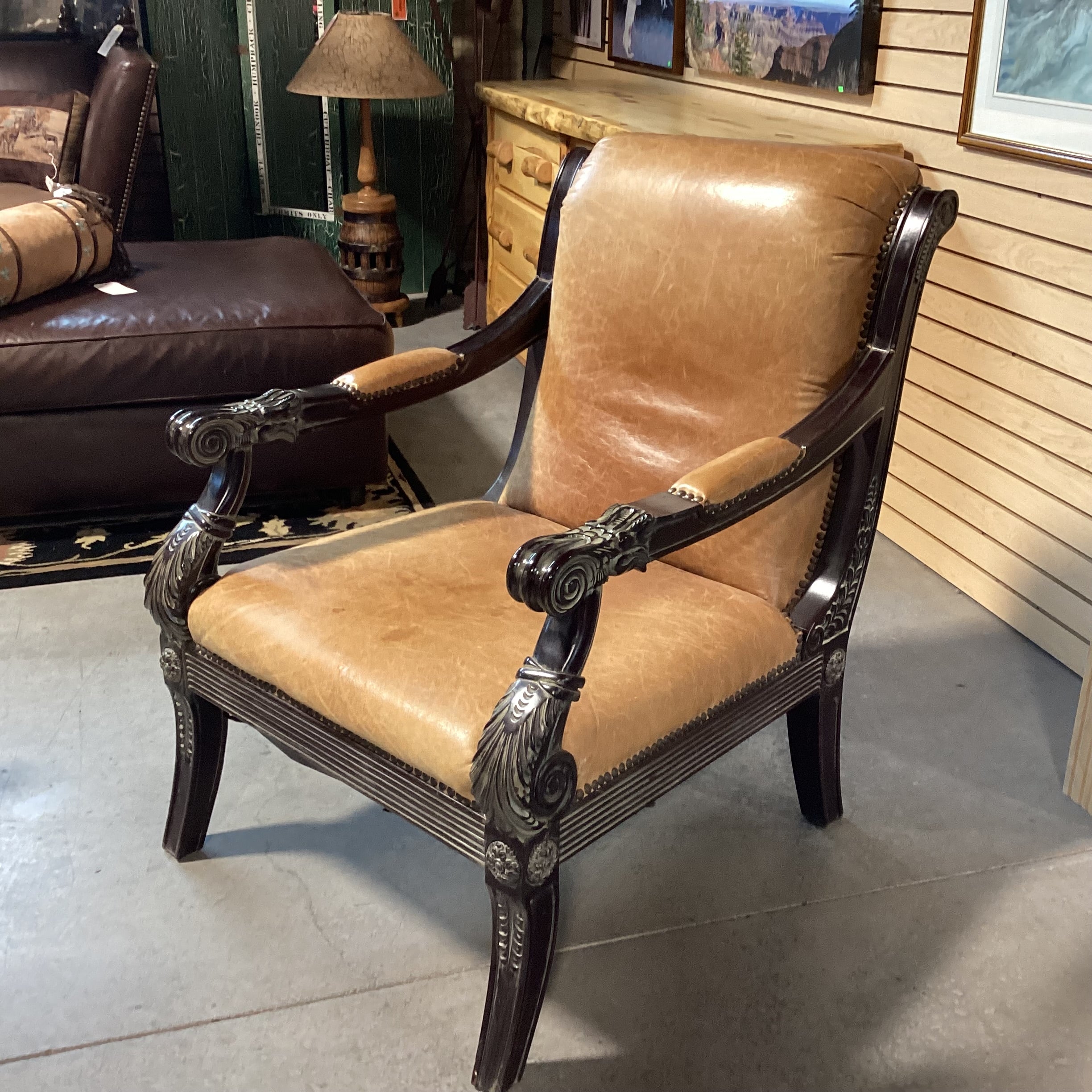 Ornate Dark Finish Carved Wood & Leather Chair 29"x 34"x 39"