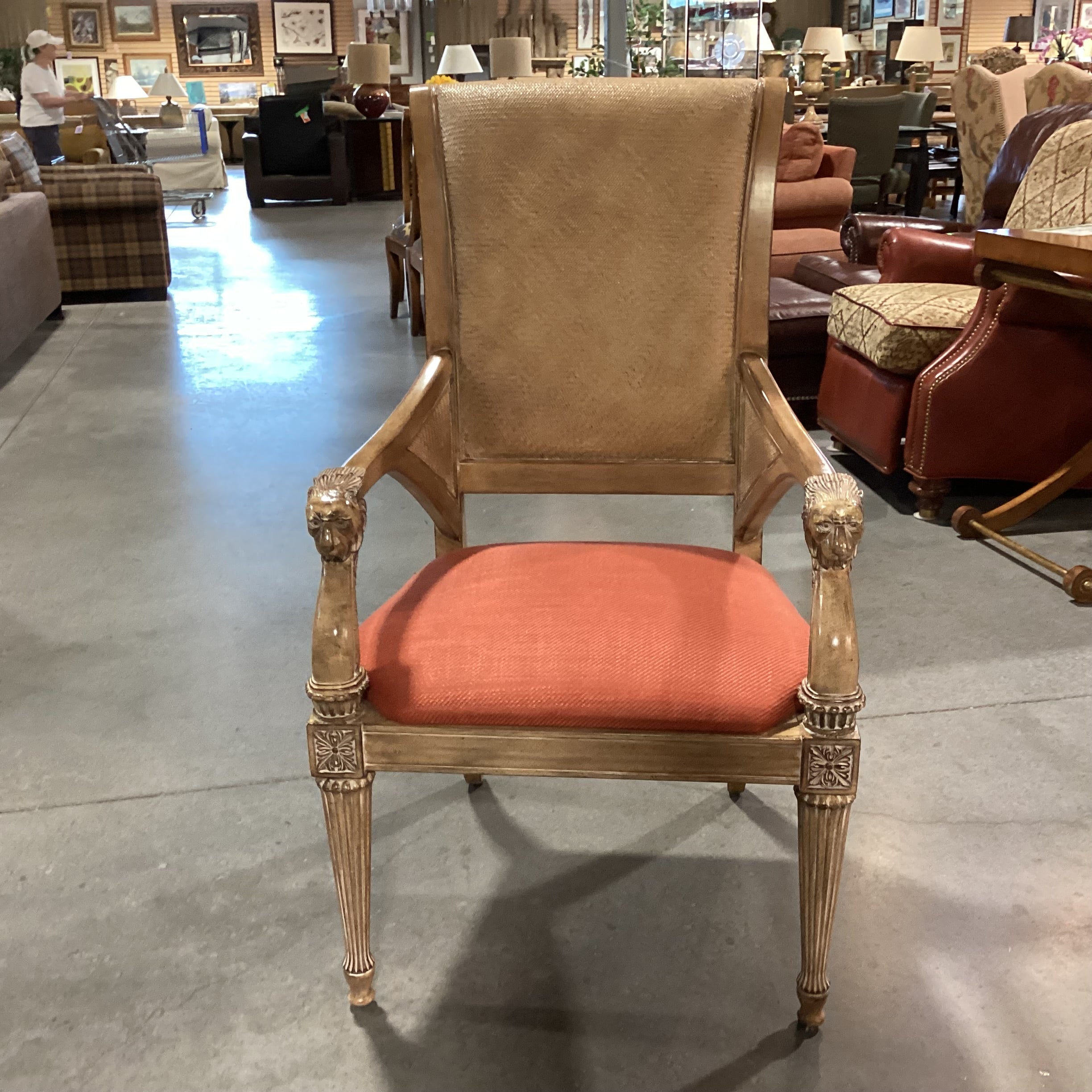 Carved Lionshead Antiqued Finish Wood Woven Leather & Burnt Orange Linen Chair 26"x 26"x 44"