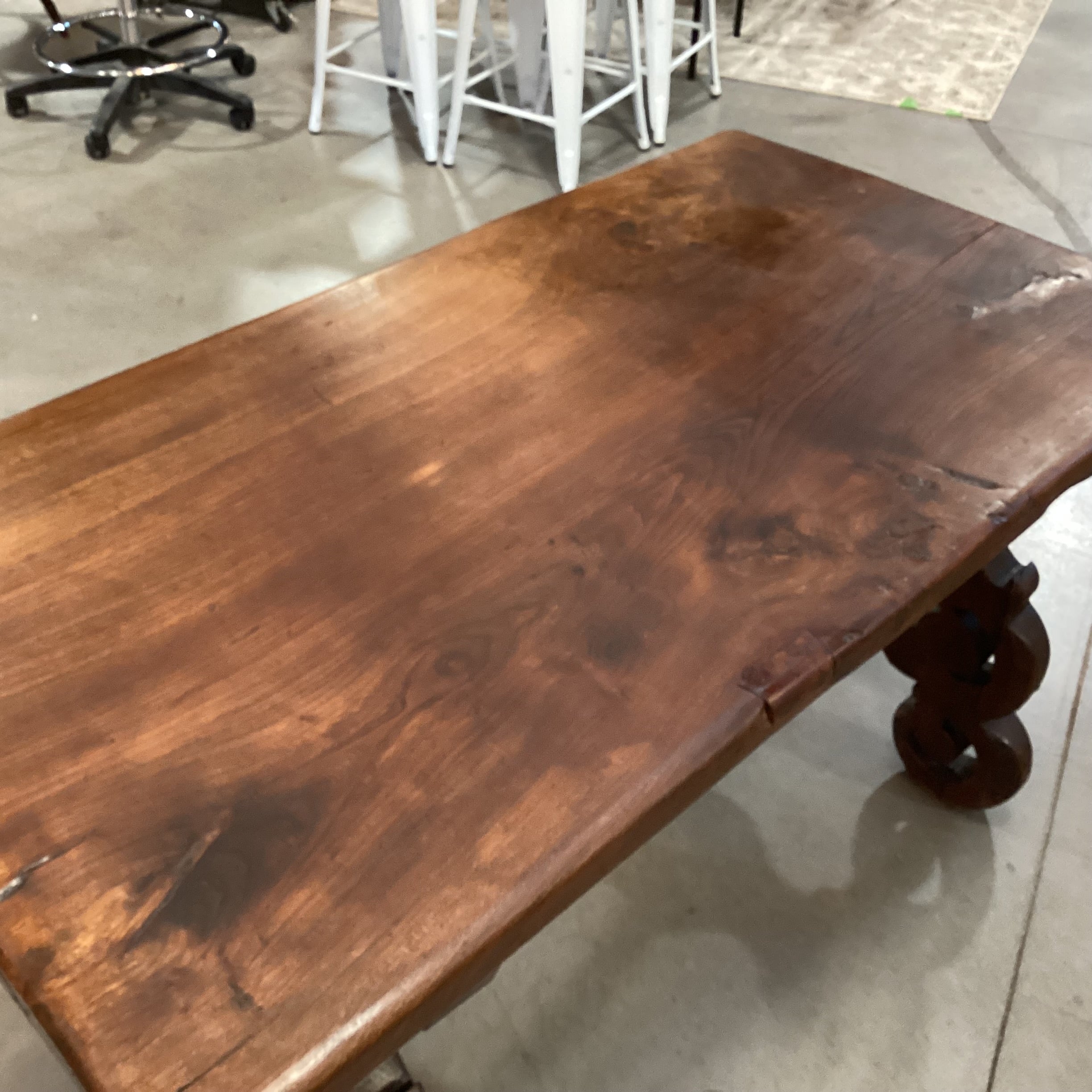Vintage Antique Solid Wood Carved Side Legs & Iron Stetchers Trestle Accent Table 55"x 31"x 29"