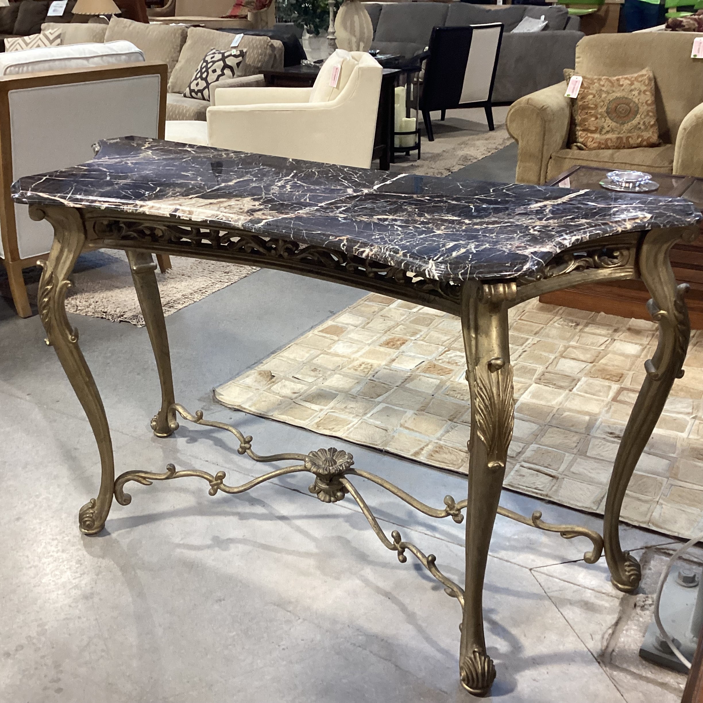 Gilt Gold Carved Wood Style Composite & Marble Top Accent Table 60"x 23"x 34.5"