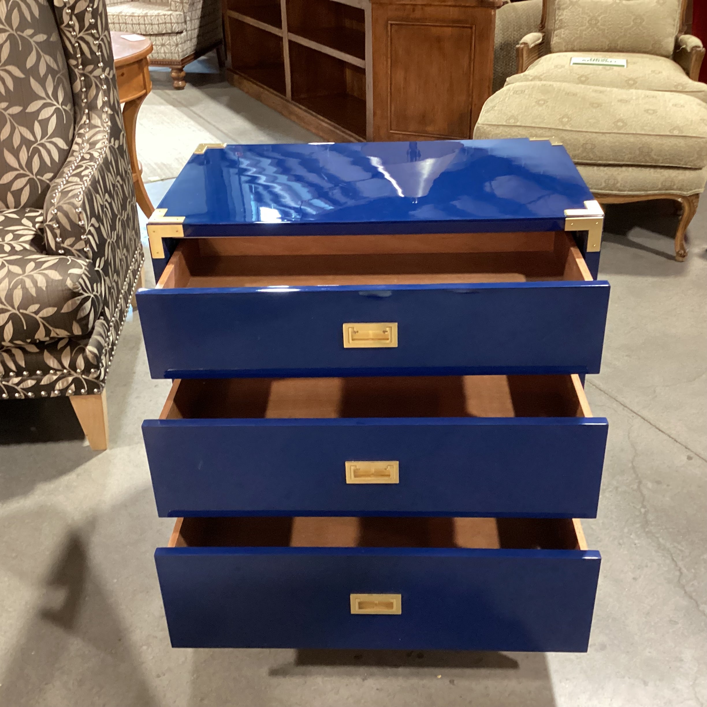 Navy Lacquer & Brass Campaign 3 Drawer Chest 30"x 18.5"x 30.5"