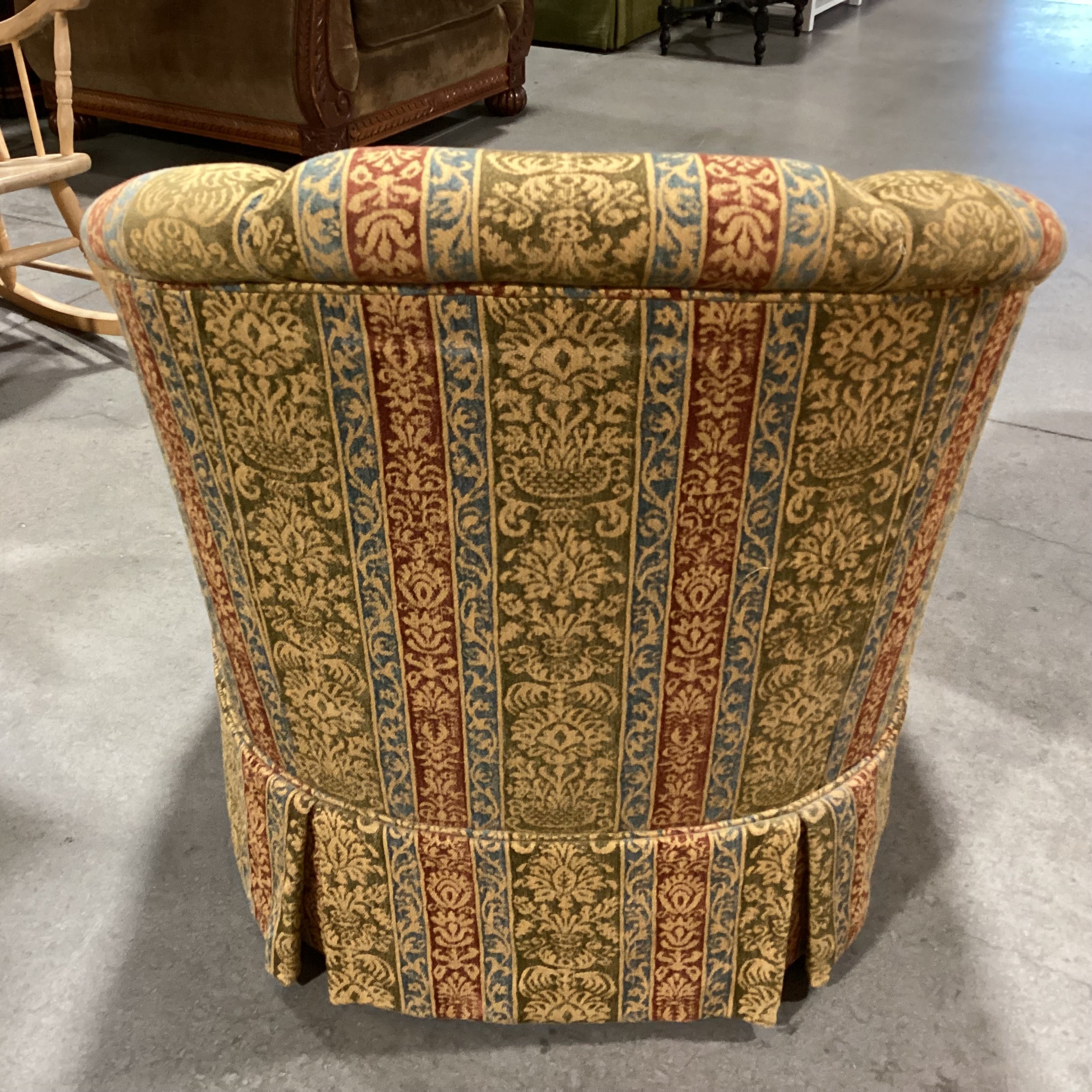 Custom Gold Sage Blue Rust Ornate Woven Ribbon Floral Scallop Back on Casters Chair 33"x 34"x 33"