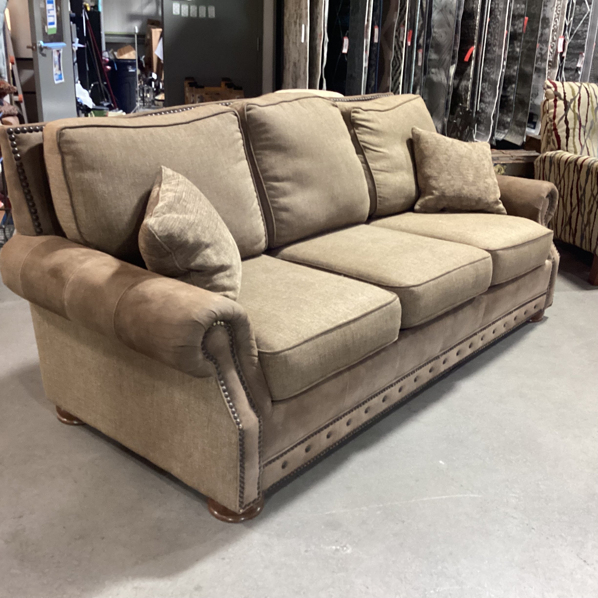 Mayo Furniture Brown Ultra Suede  Nailhead & Upholstery Sofa