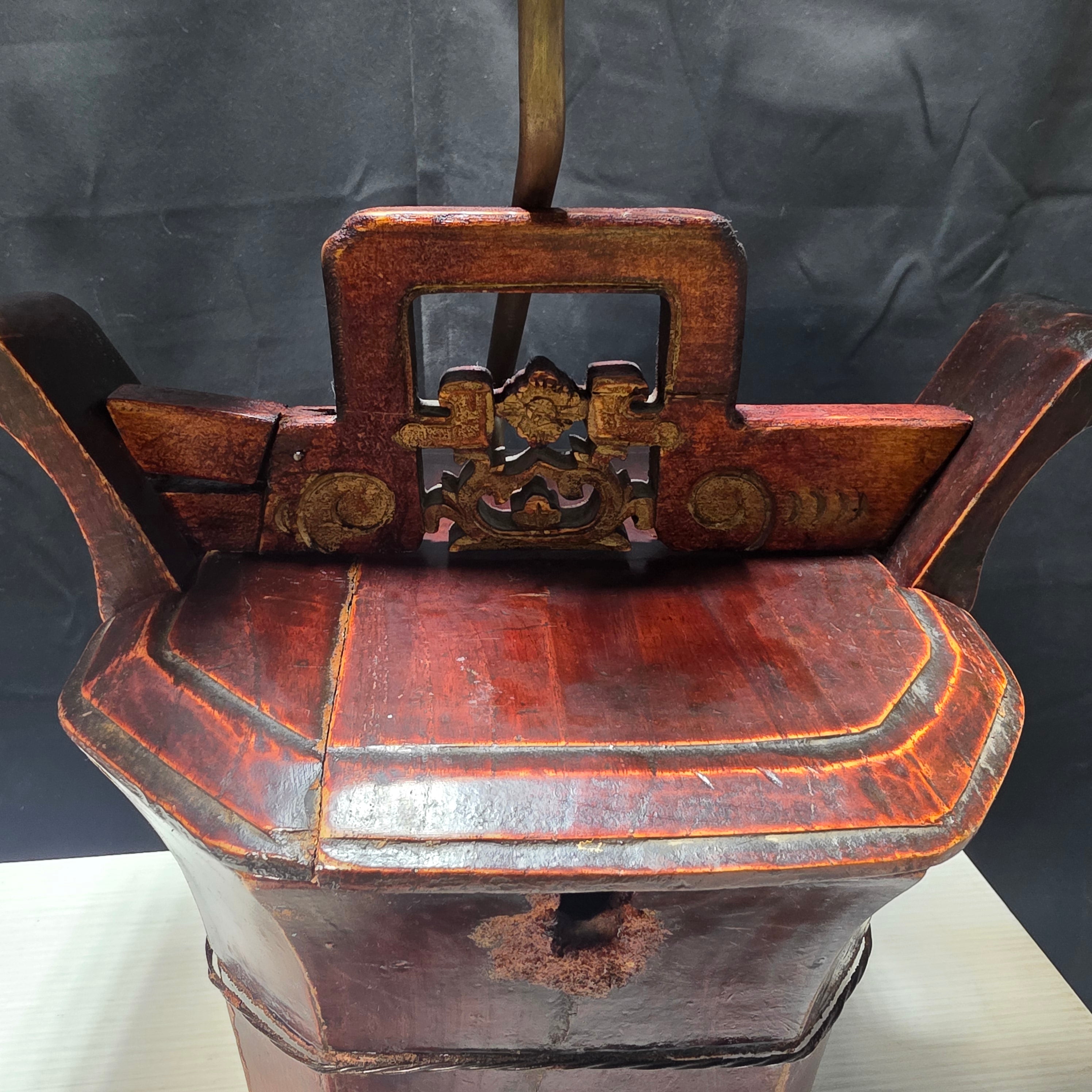 Antique Chinese Rice / Water Bucket Turned Into a Lamp 11.5"x9"x23.5"