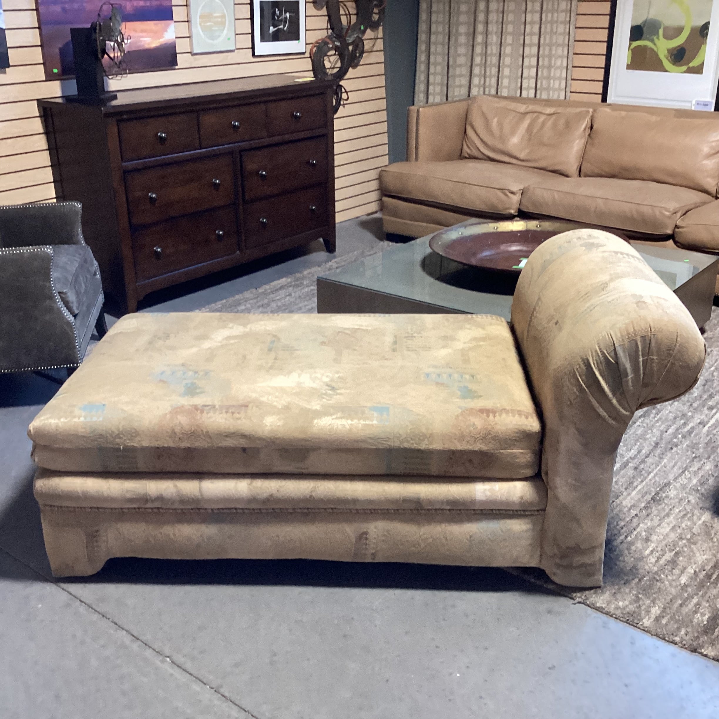 Golden Multi Textured Upholstery Roll Back Chaise Sofa