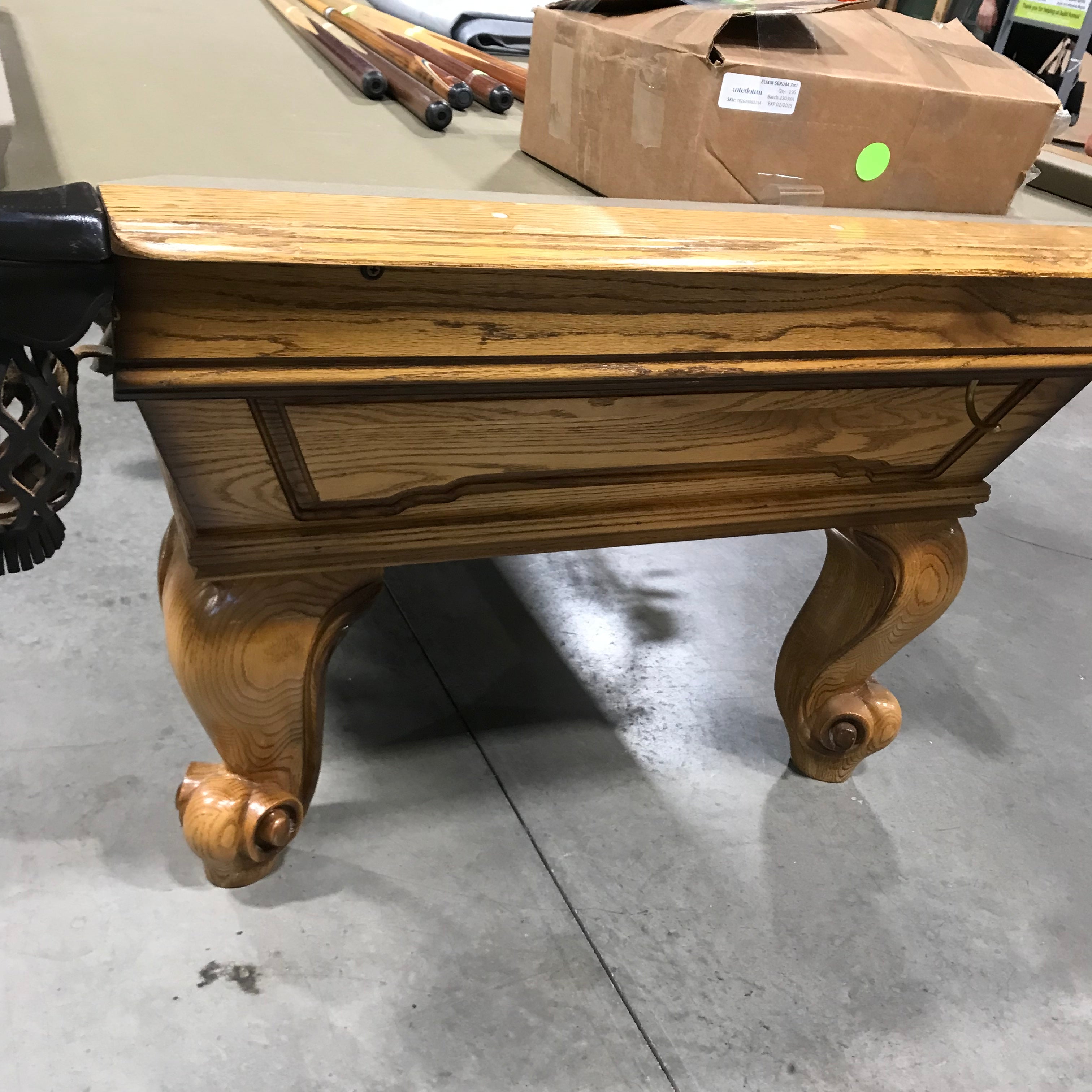 55.5" x 98" Oak Pool Table with 11 cue sticks stand and Accessories