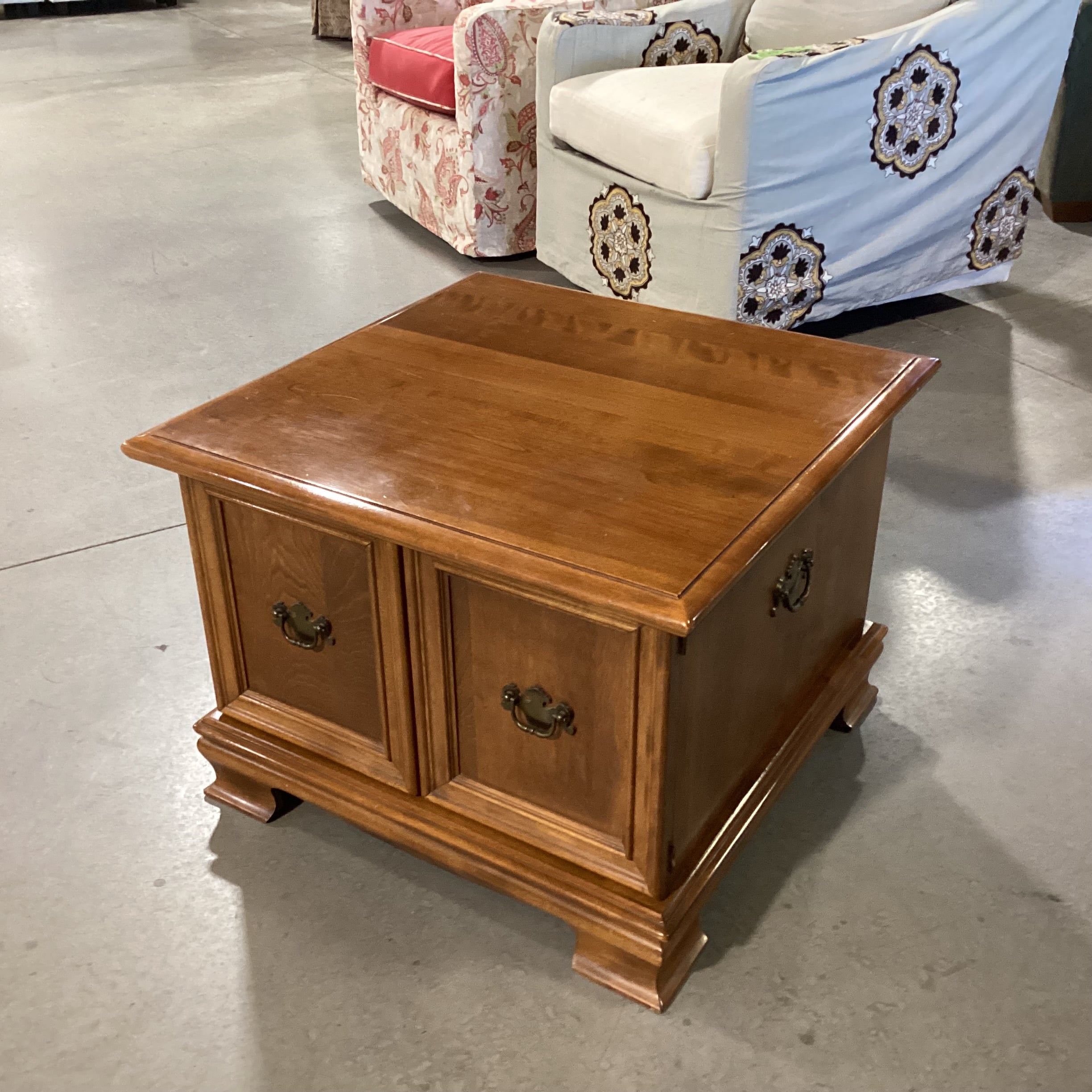 Ethan Allen Finished Maple 2 Door with Brass Pulls & Side Handles End Table 27"x 27"x 20"