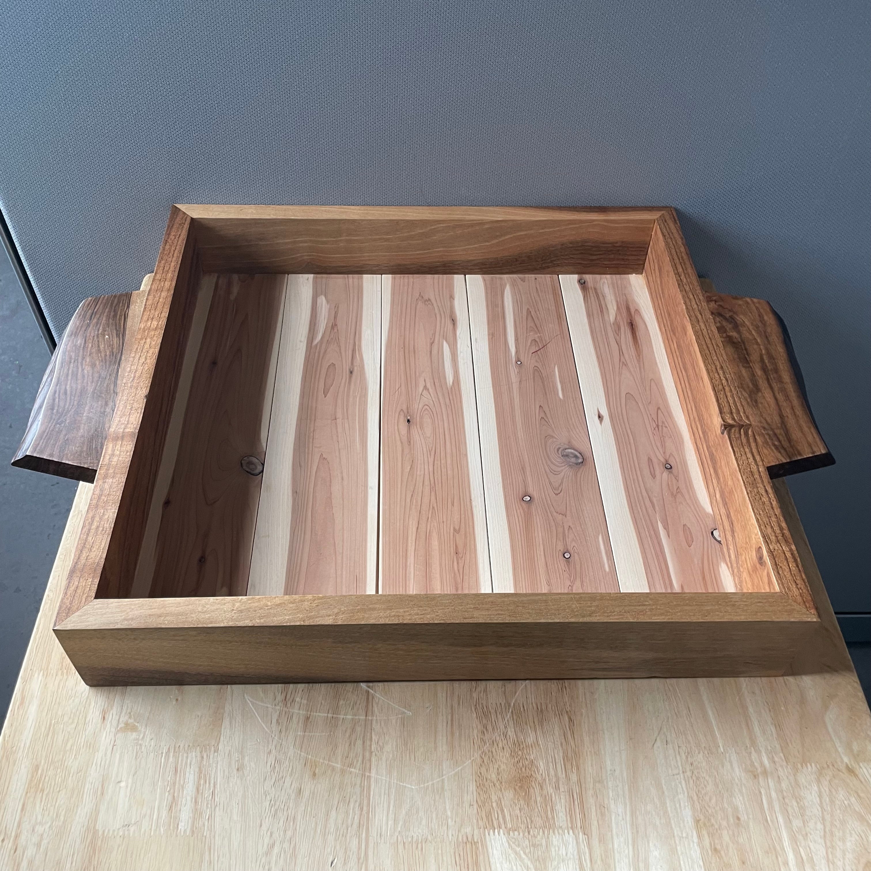 Vintage Live Edge Walnut Handles Cedar Striped Hand Crafted Tray, Signed by Artist