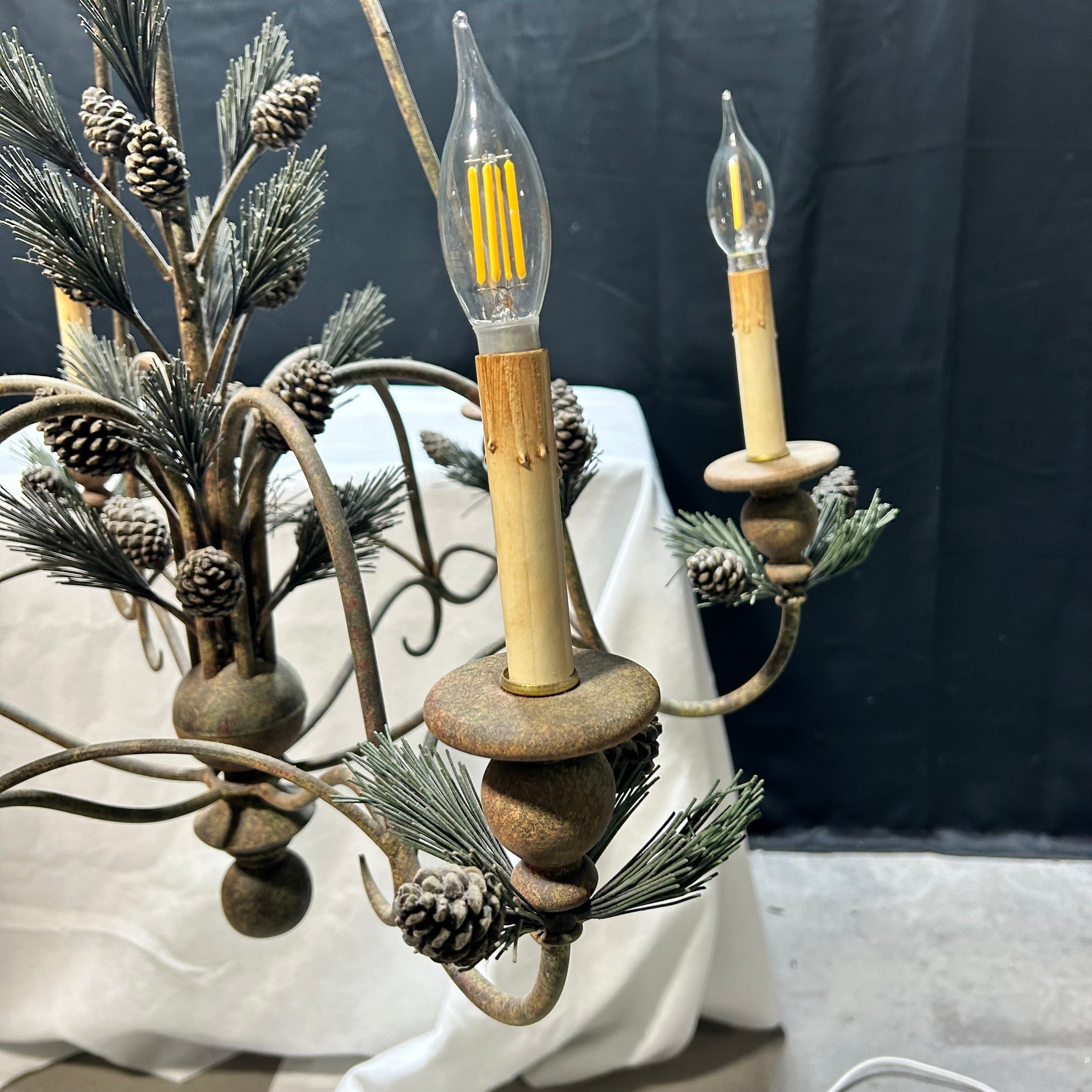 Vintage Iron Pine Cone Pine Needle 6 Light Chandelier 31"x 34"