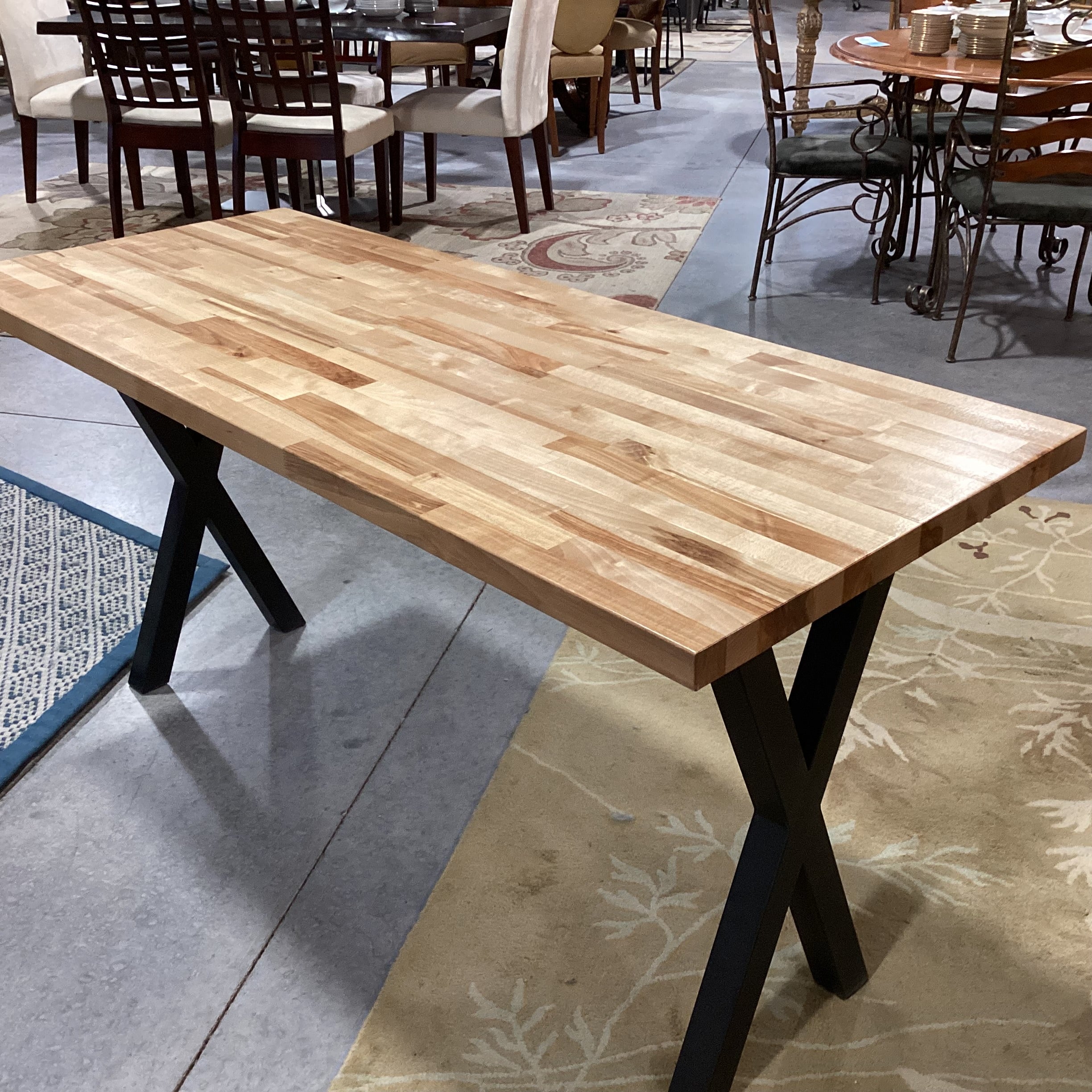 Butcher Block Wood & Black X Legs Dining Table 60"x 25"x 30"