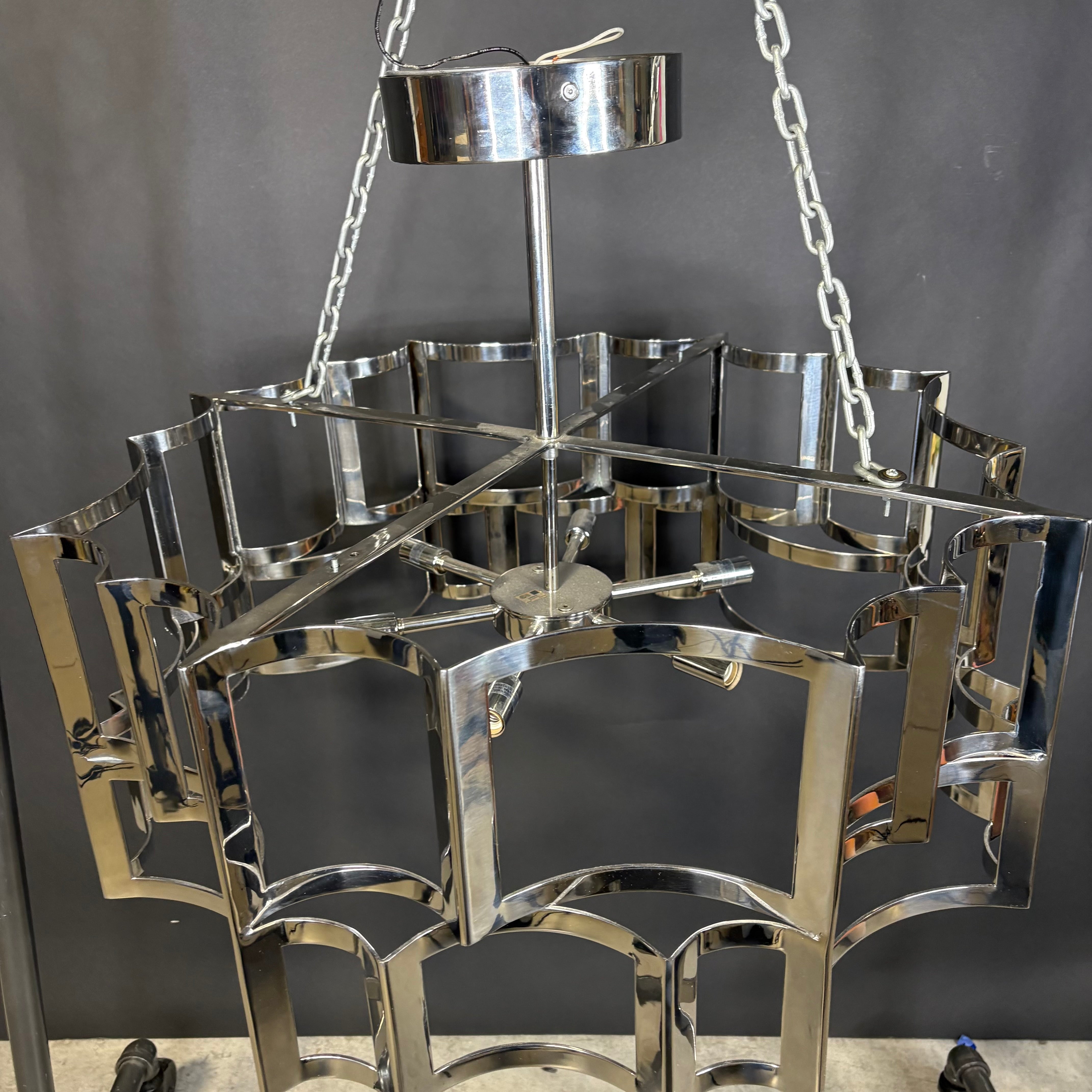 Art Deco Modern 6-Light Chrome Cage Semi Flush Chandelier 31” Diameter x 22”