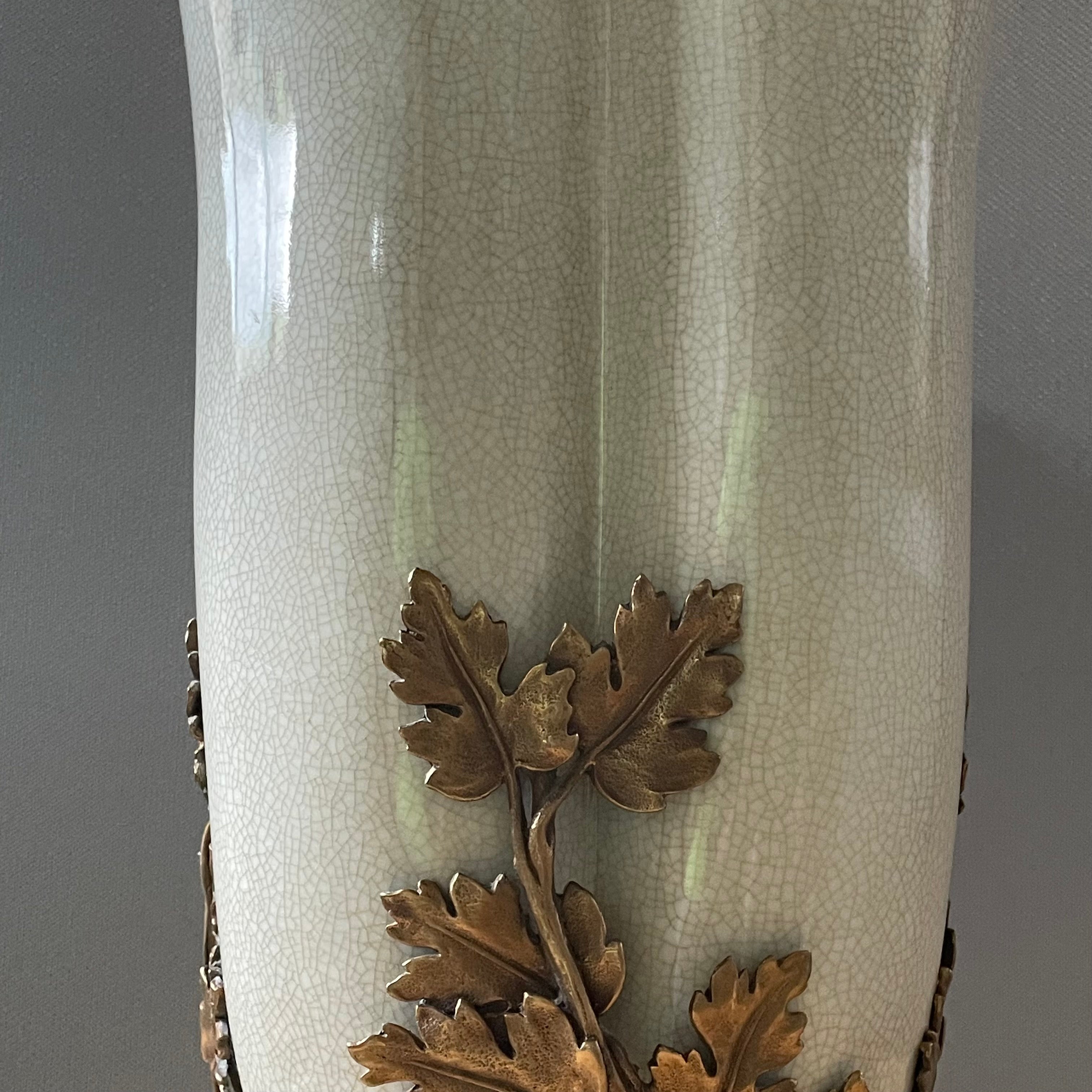 Porcelain Crackle Glazed, Brass Acanthus Leaves Design Base Vase/Plinth, 8.5"x 15.5"