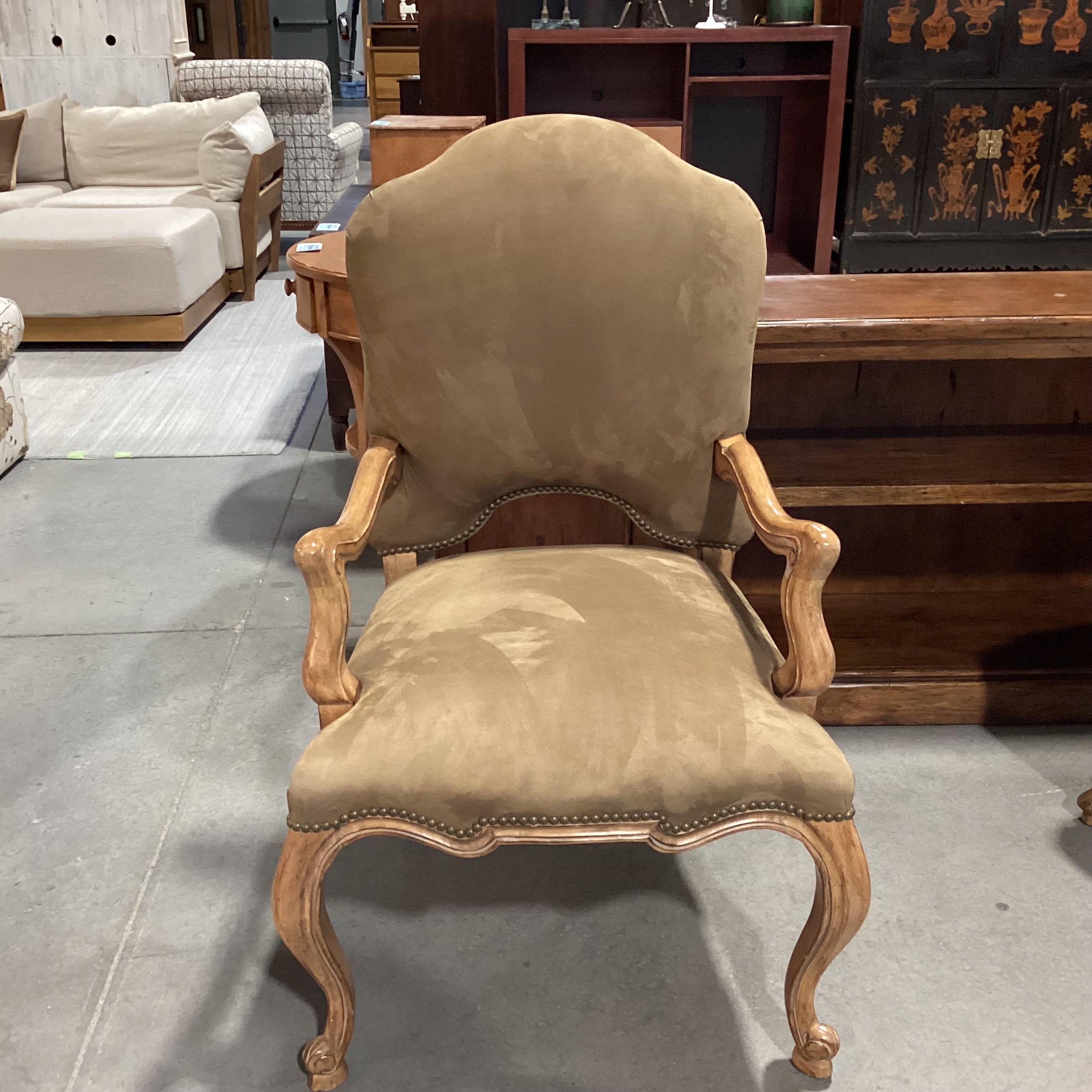 Kreiss Tan Ultra Suede Nailhead & Carved Wood Chair 27"x 27"x 44"