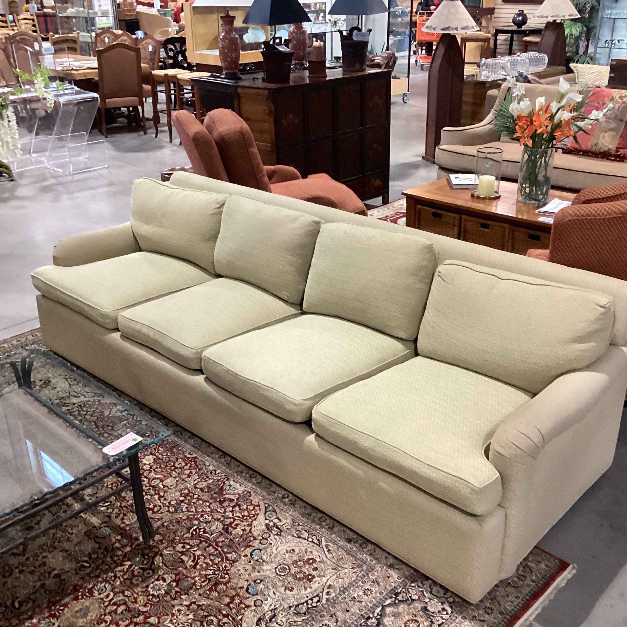 Vintage Avery Boardman Green & Gold Textured Pattern 4 Seat Sofa 108"x 40"x 32"