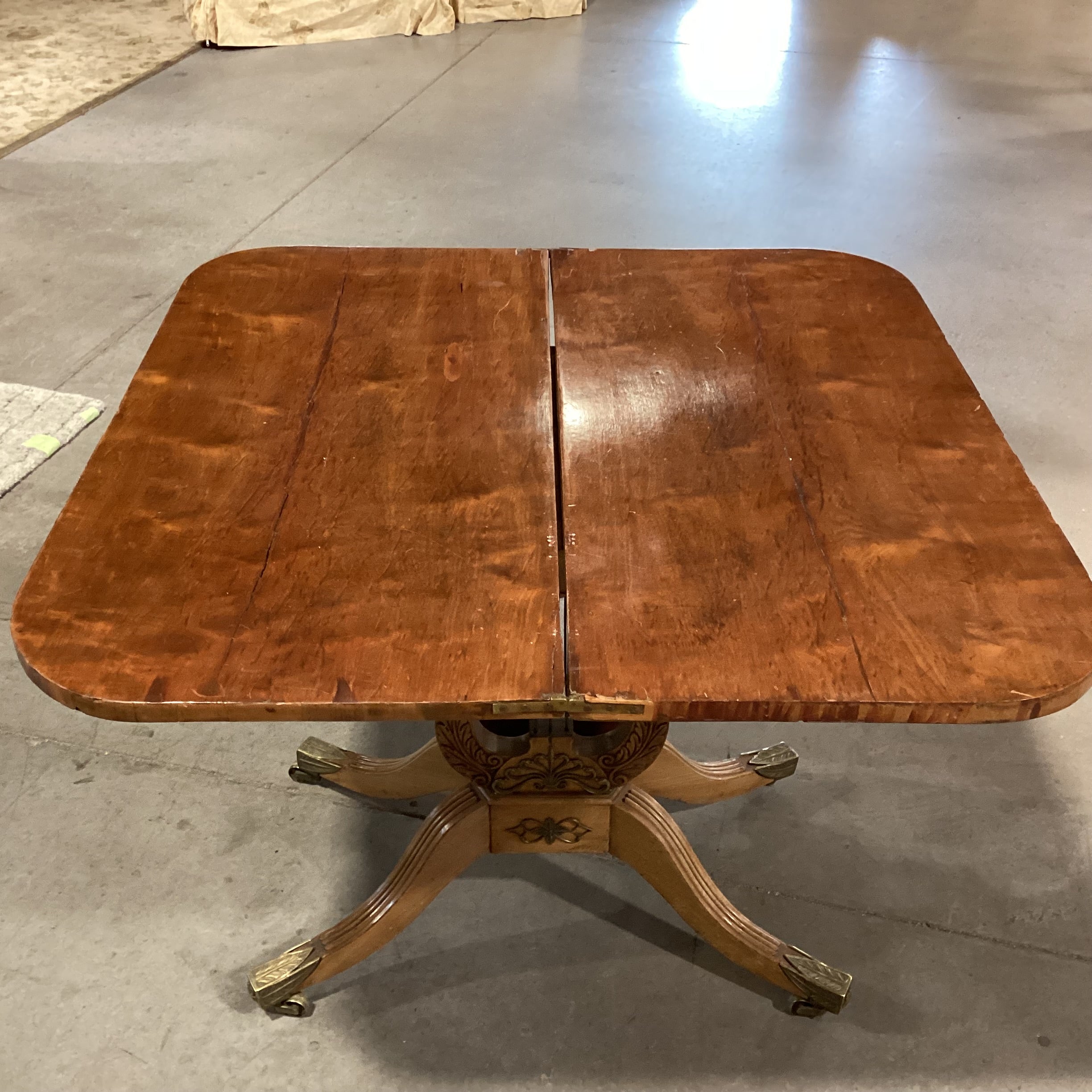 Antique Carved Wood & Veneer Twist Top to Open with Harp Pedestal & Brass Accents Accent Table 36"x 18" to 36"x 29.5"