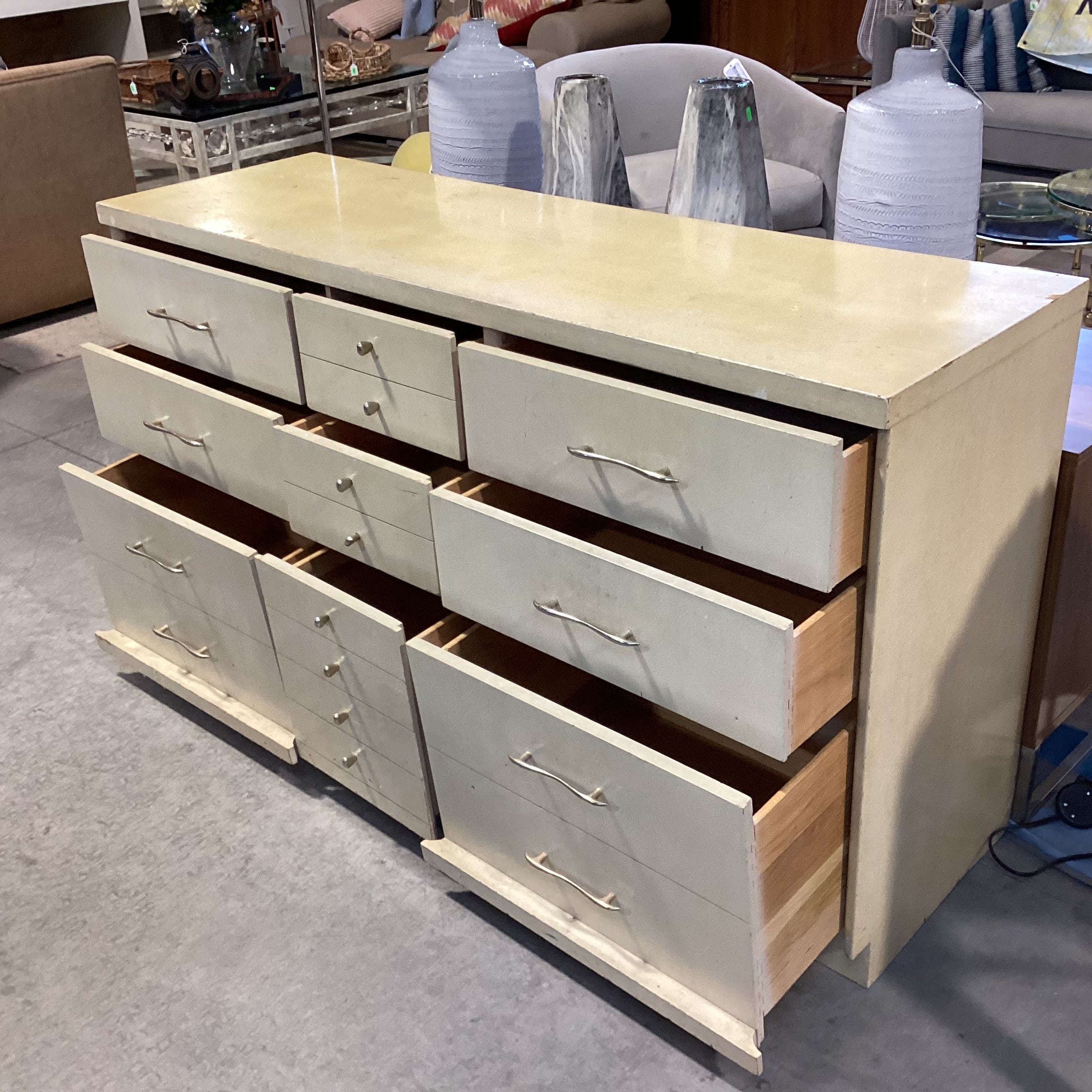 Mid Century Blonde Finish Wood 9 Drawer Dresser 58"x 18"x 33"