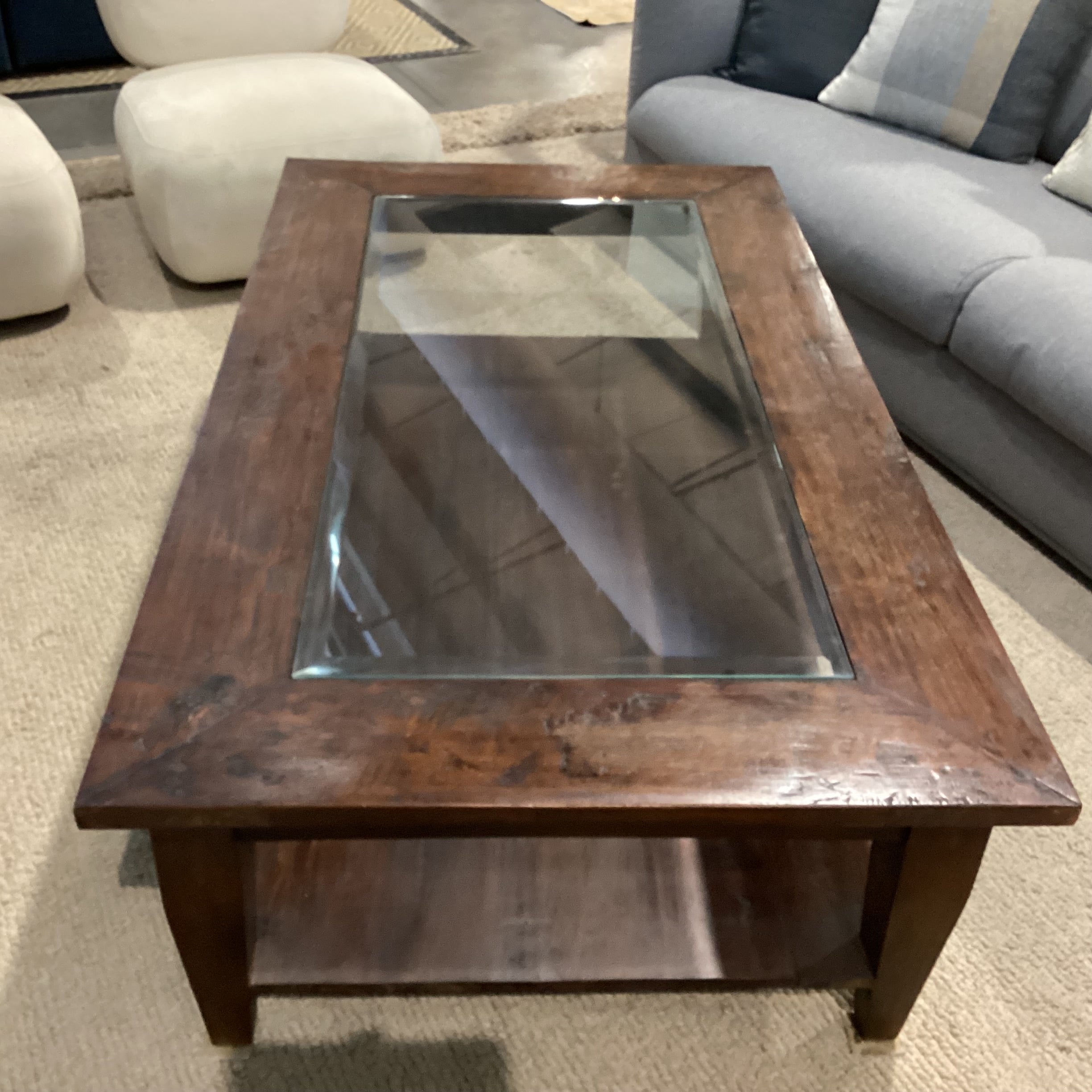 Dark Distressed Solid Wood with Glass Inset Top Coffee Table 63"x 35"x 18"