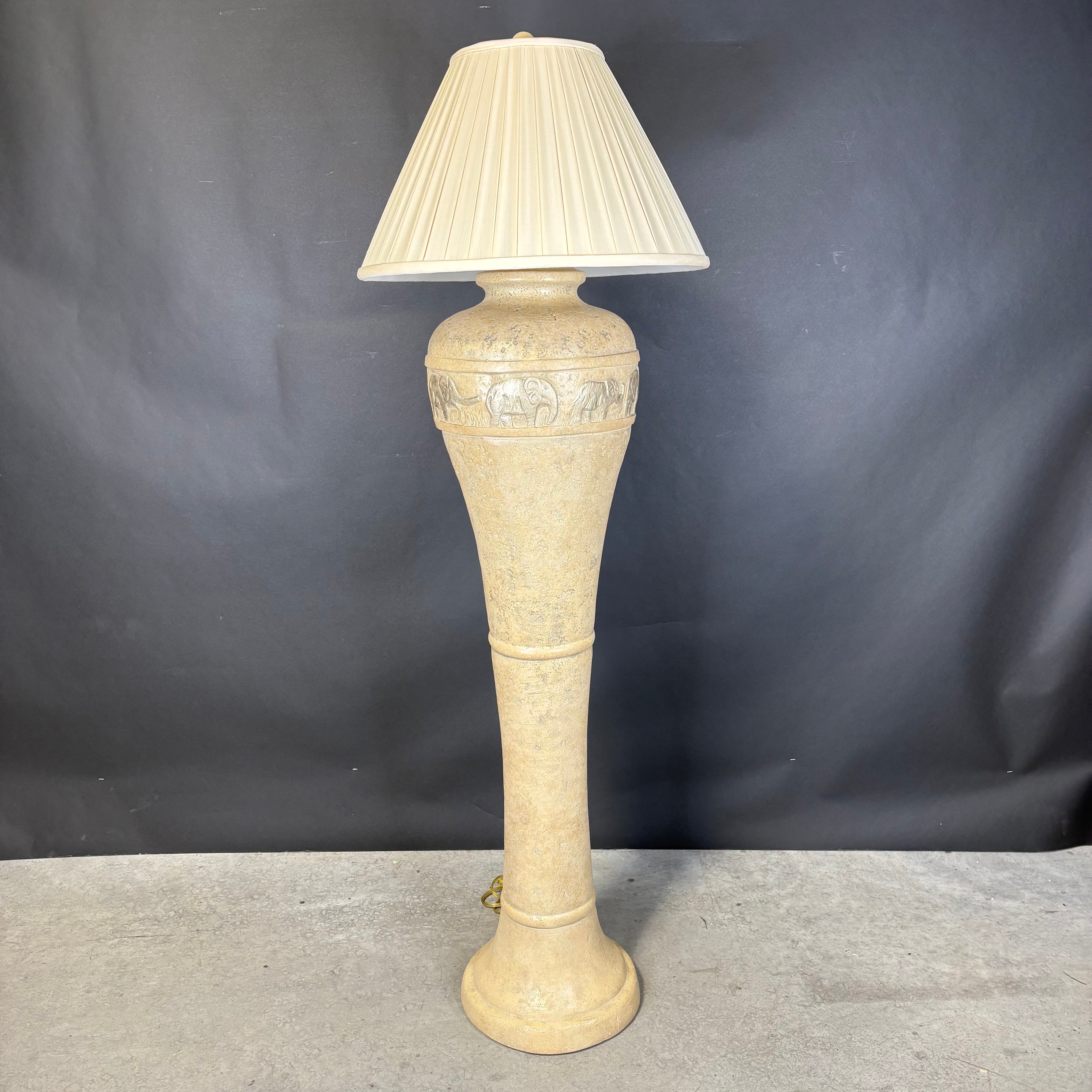 Vintage Post Modern Cream Faux Stone and Elephant Detailing with Shade Floor Lamp 20” Diameter @ Shade x 60”