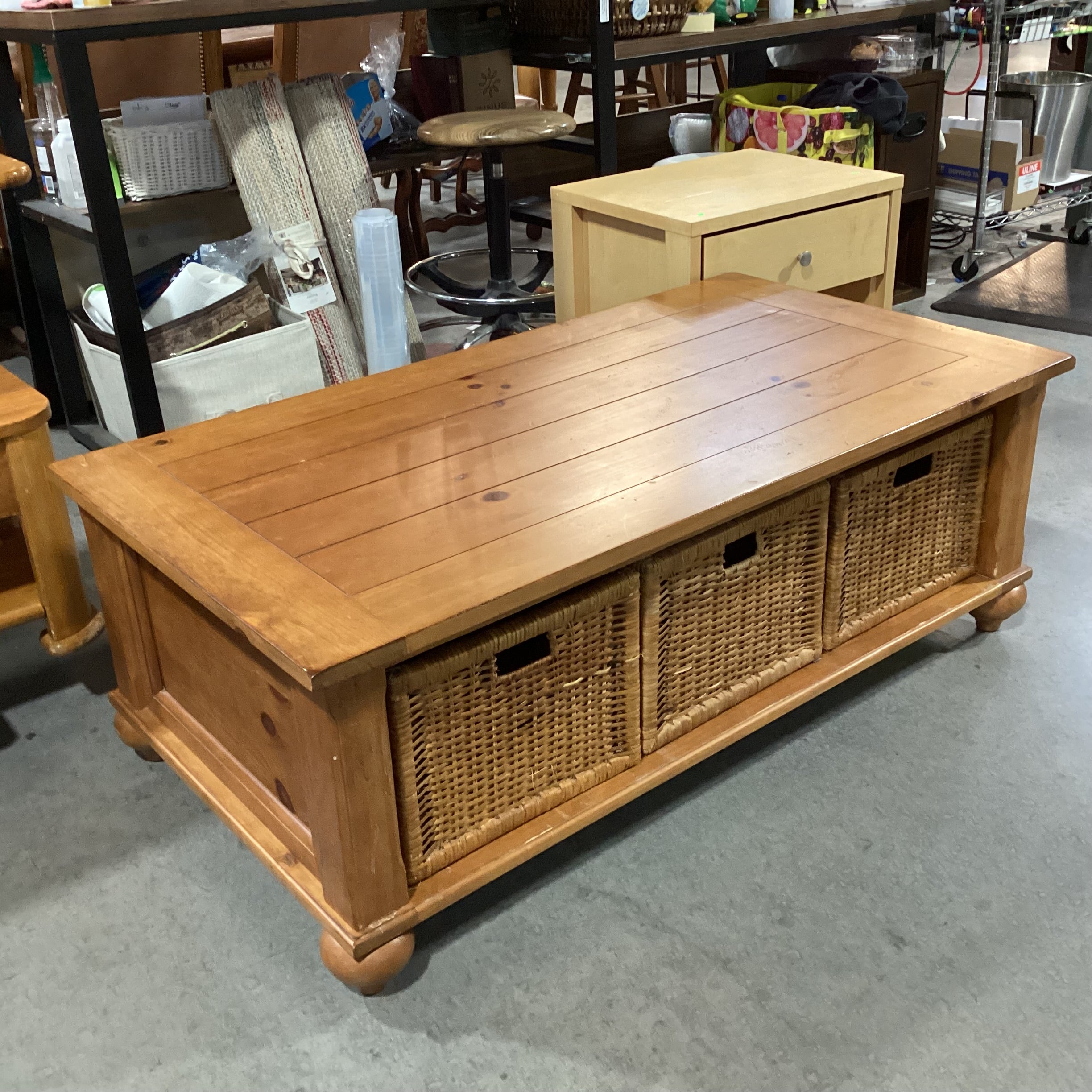 Finished Plank Wood & 3 Double Sided Basket Drawers Coffee Table 50"x 27"x 18.5"